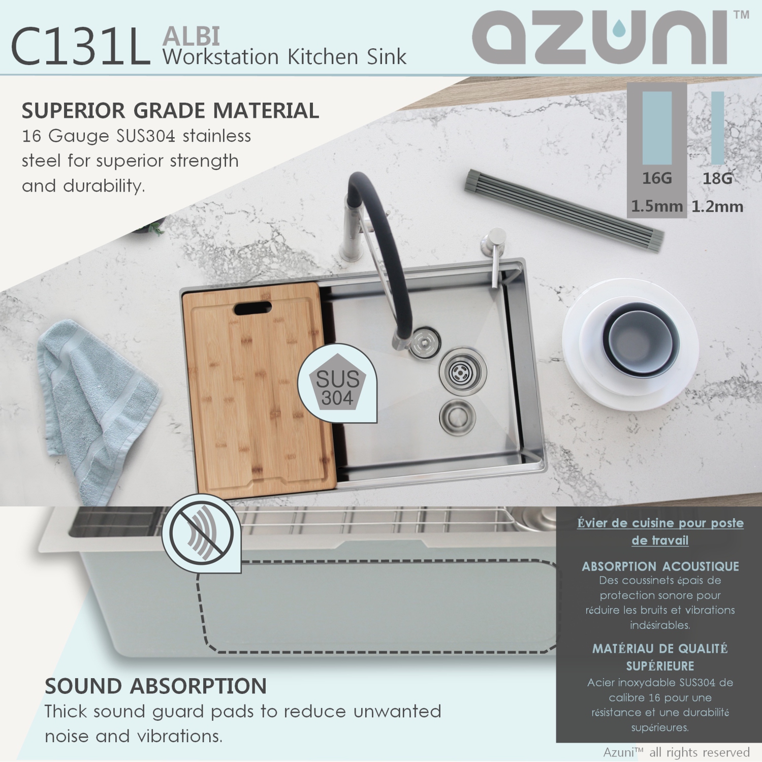 AZUNI 30"L x 19"W Single Bowl Undermount 16G Reversible Workstation Kitchen Sink with accessories C131L