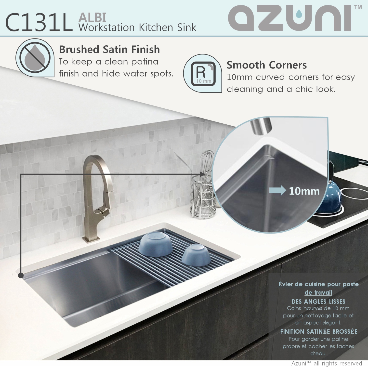 AZUNI 30"L x 19"W Single Bowl Undermount 16G Reversible Workstation Kitchen Sink with accessories C131L