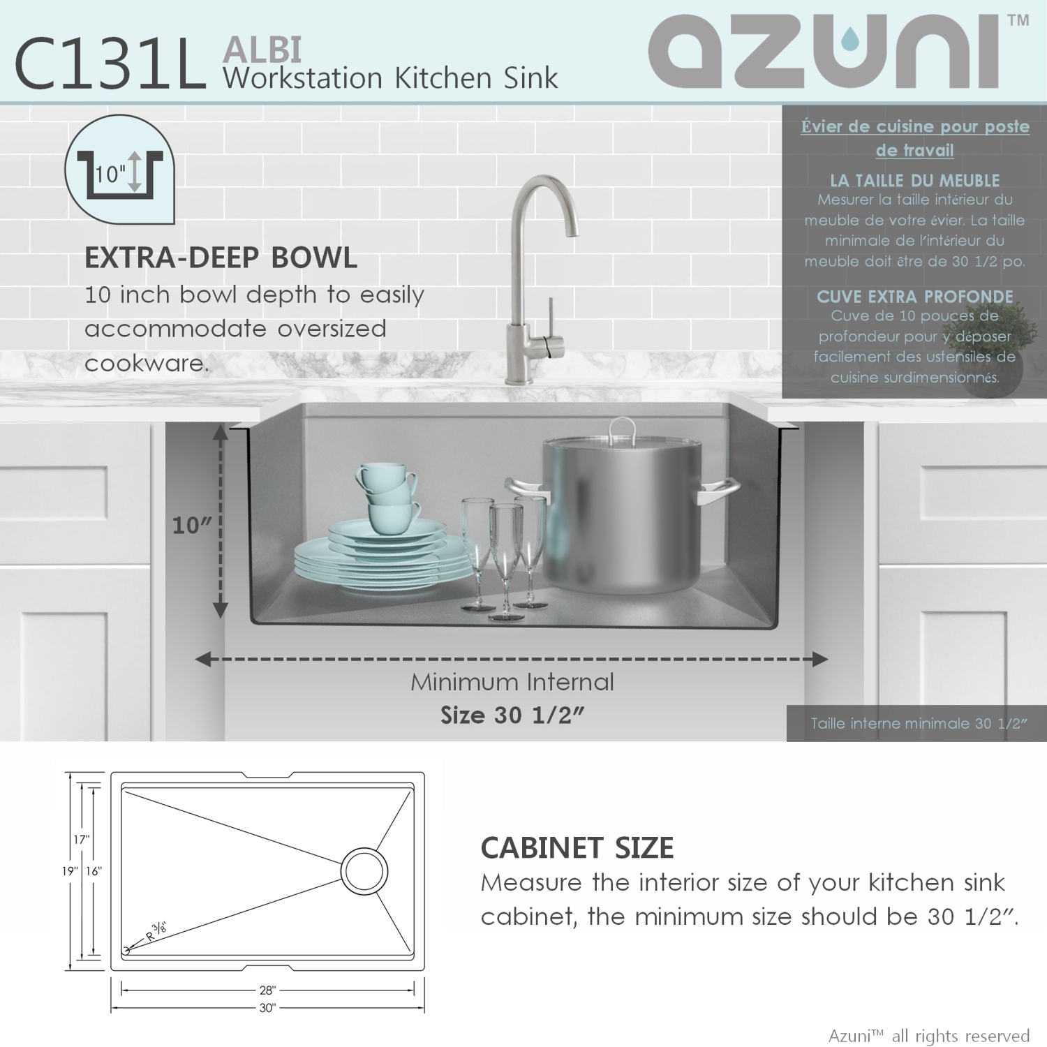 AZUNI 30"L x 19"W Single Bowl Undermount 16G Reversible Workstation Kitchen Sink with accessories C131L