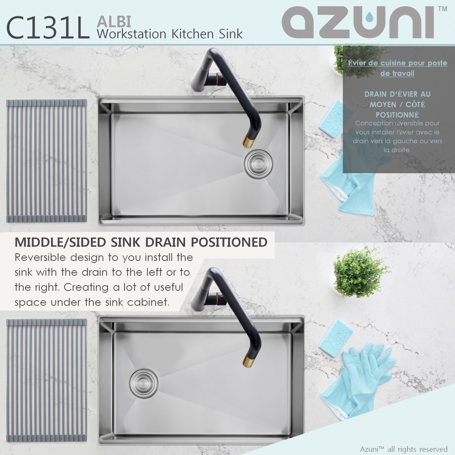 AZUNI 30"L x 19"W Single Bowl Undermount 16G Reversible Workstation Kitchen Sink with accessories C131L