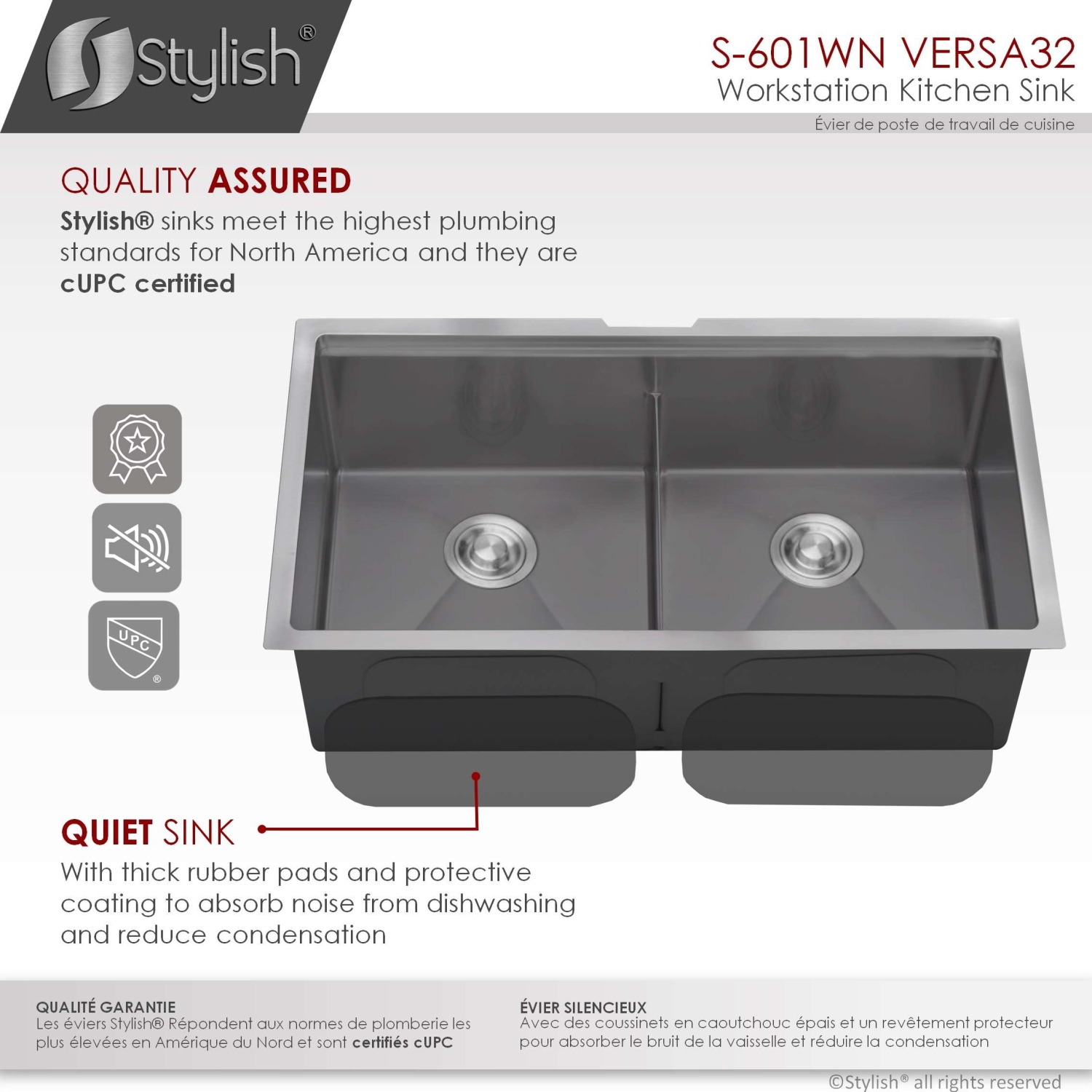 Stylish Undermount Workstation 32" Graphite Black Double Bowl 16 Gauge Stainless Steel Kitchen Sink with built-in Accessories, S-601WN