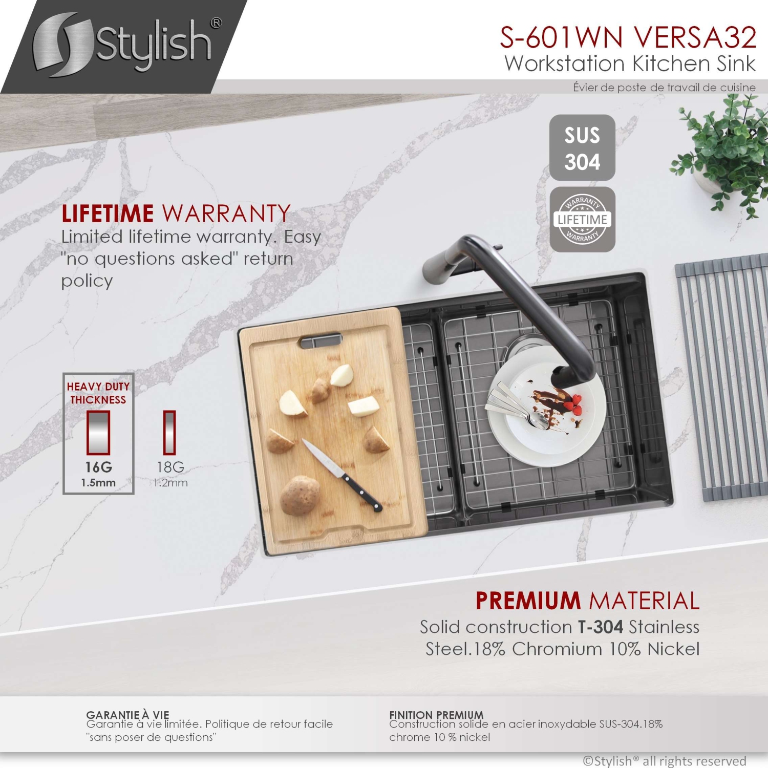 Stylish Undermount Workstation 32" Graphite Black Double Bowl 16 Gauge Stainless Steel Kitchen Sink with built-in Accessories, S-601WN