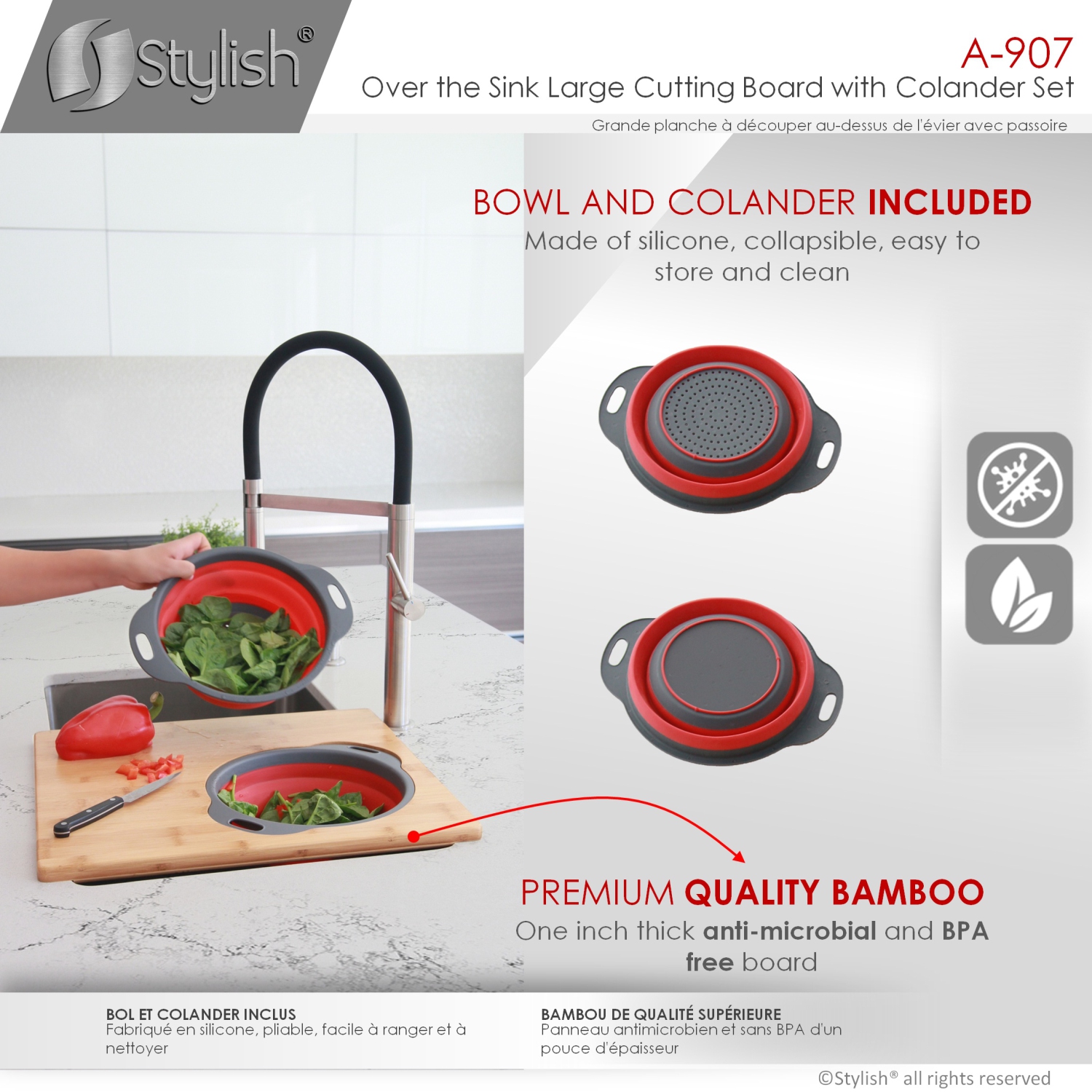 Stylish Over the Sink Large Cutting Board with Colander Set