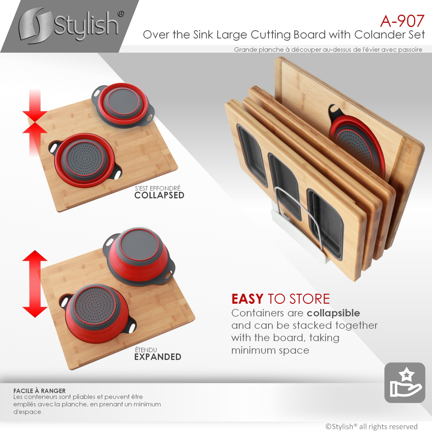 Stylish Over the Sink Large Cutting Board with Colander Set