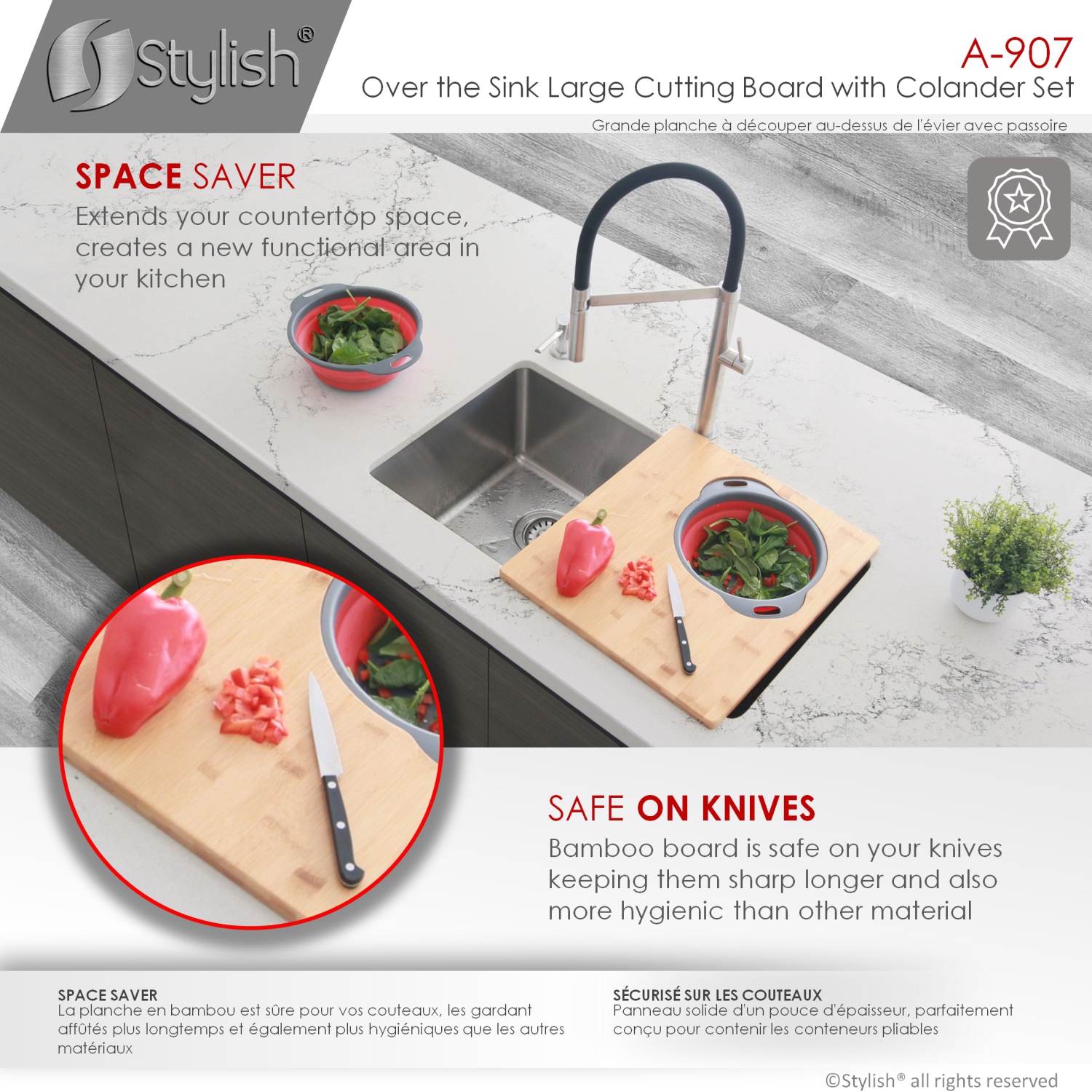 Stylish Over the Sink Large Cutting Board with Colander Set