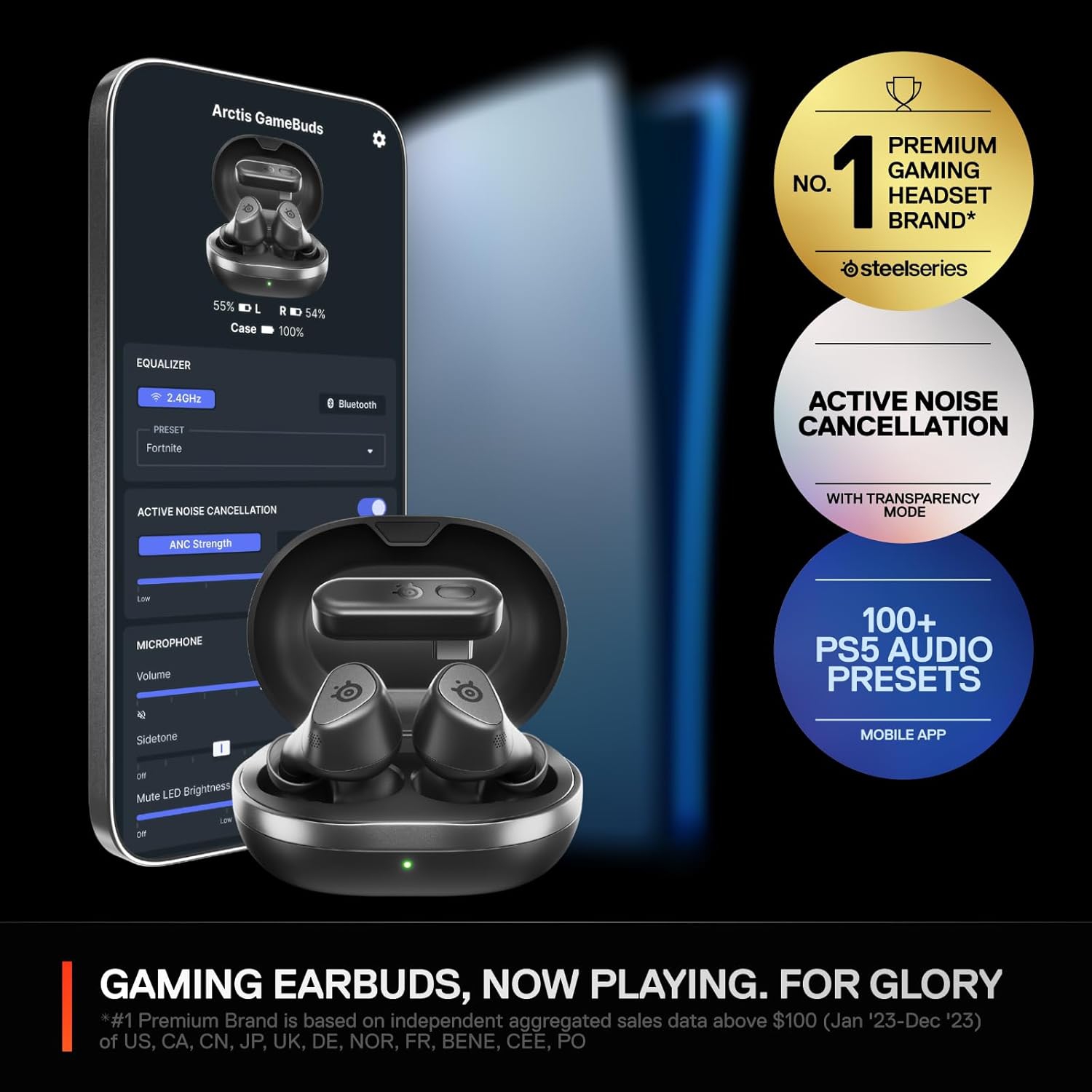 Arctis GameBuds for PlayStation/PC/Switch/Mobile - Quick-Switch 2.4GHz + Bluetooth 5.3 - Active Noise Cancelling -Mobile App Sound Presets - Water