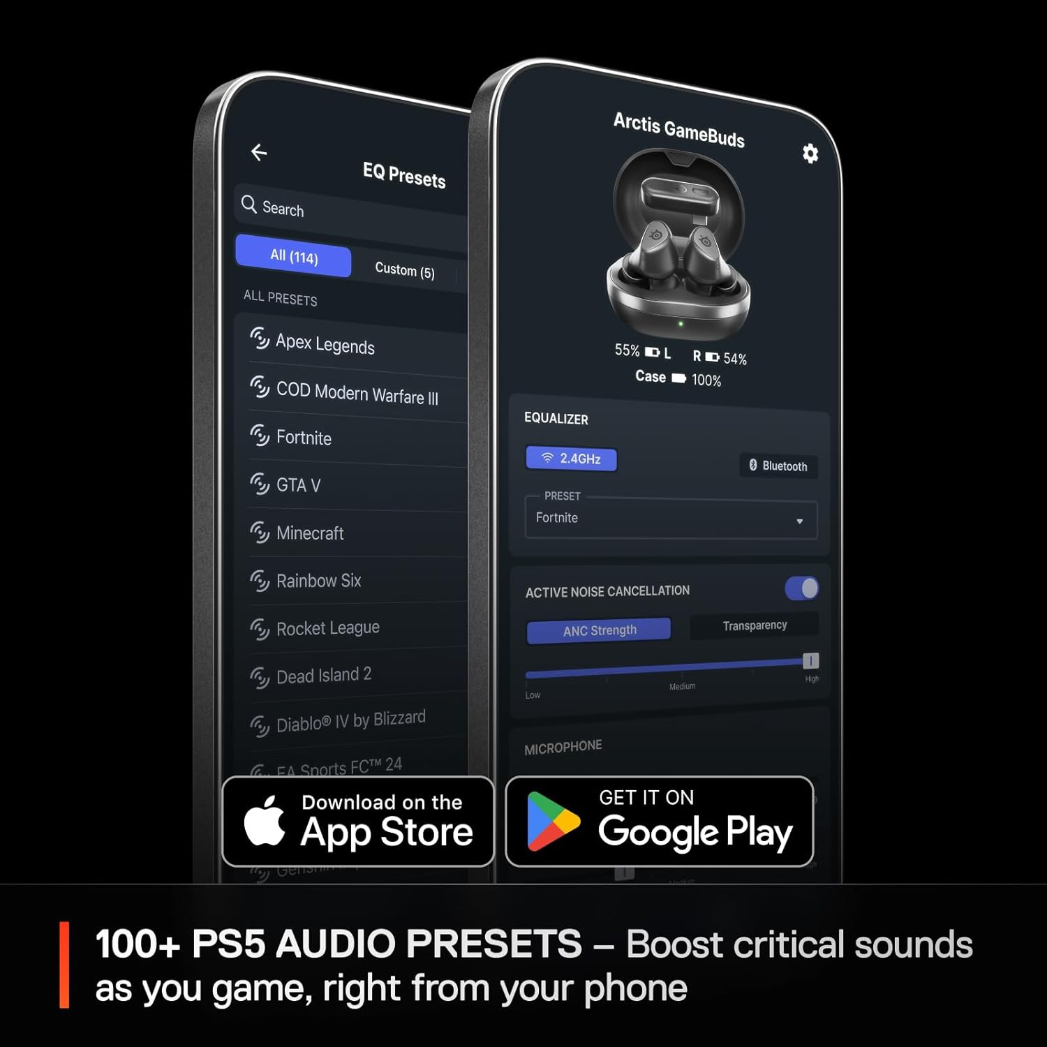 Arctis GameBuds for PlayStation/PC/Switch/Mobile - Quick-Switch 2.4GHz + Bluetooth 5.3 - Active Noise Cancelling -Mobile App Sound Presets - Water