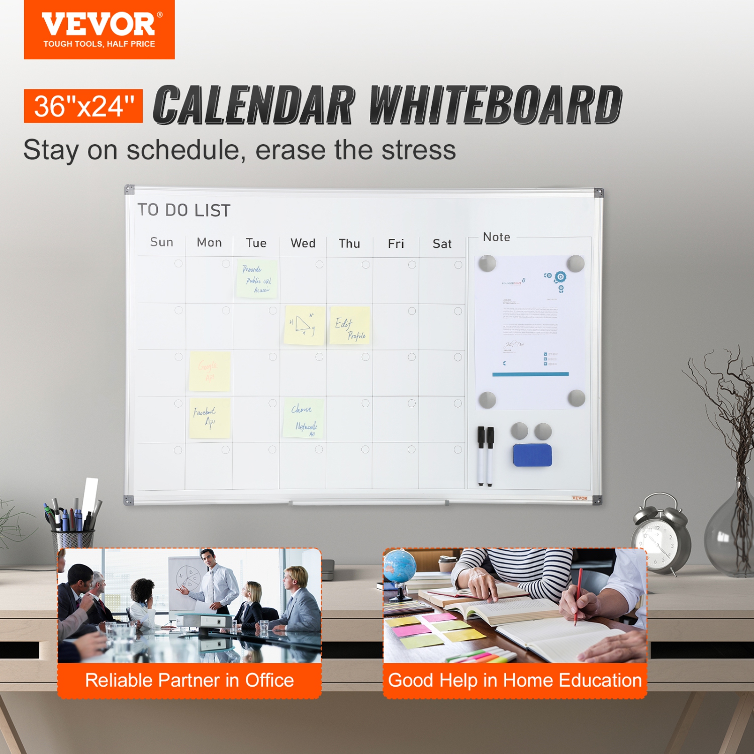VEVOR 36 x 24 Inches Calendar Whiteboard, Magnetic Dry Erase Calendar Board, Monthly Planner Whiteboard for Wall,