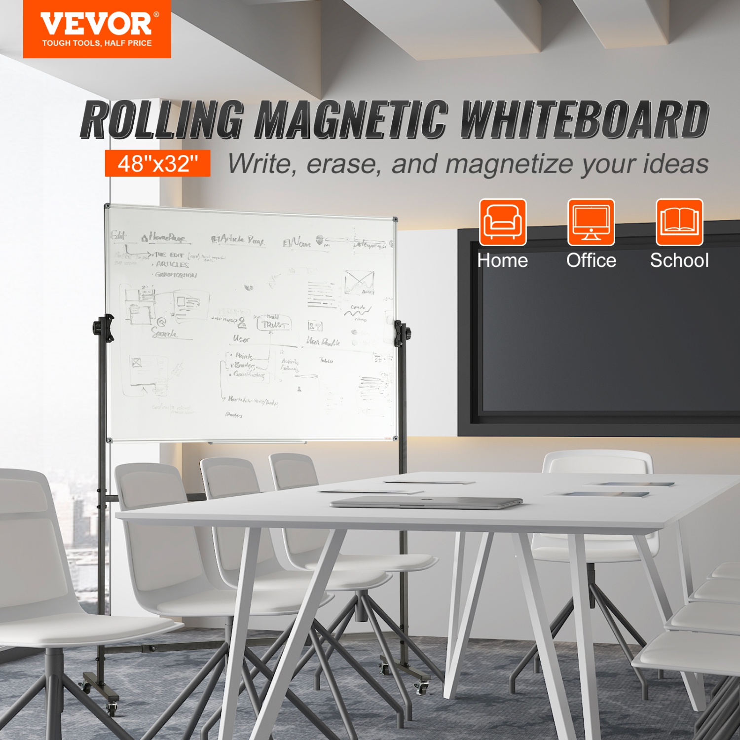 VEVOR 48x32 inch Rolling Whiteboard, Double-Sided Magnetic Mobile Whiteboard, 360° Reversible Adjustable Height Dry Erase Board with Wheels & Movable