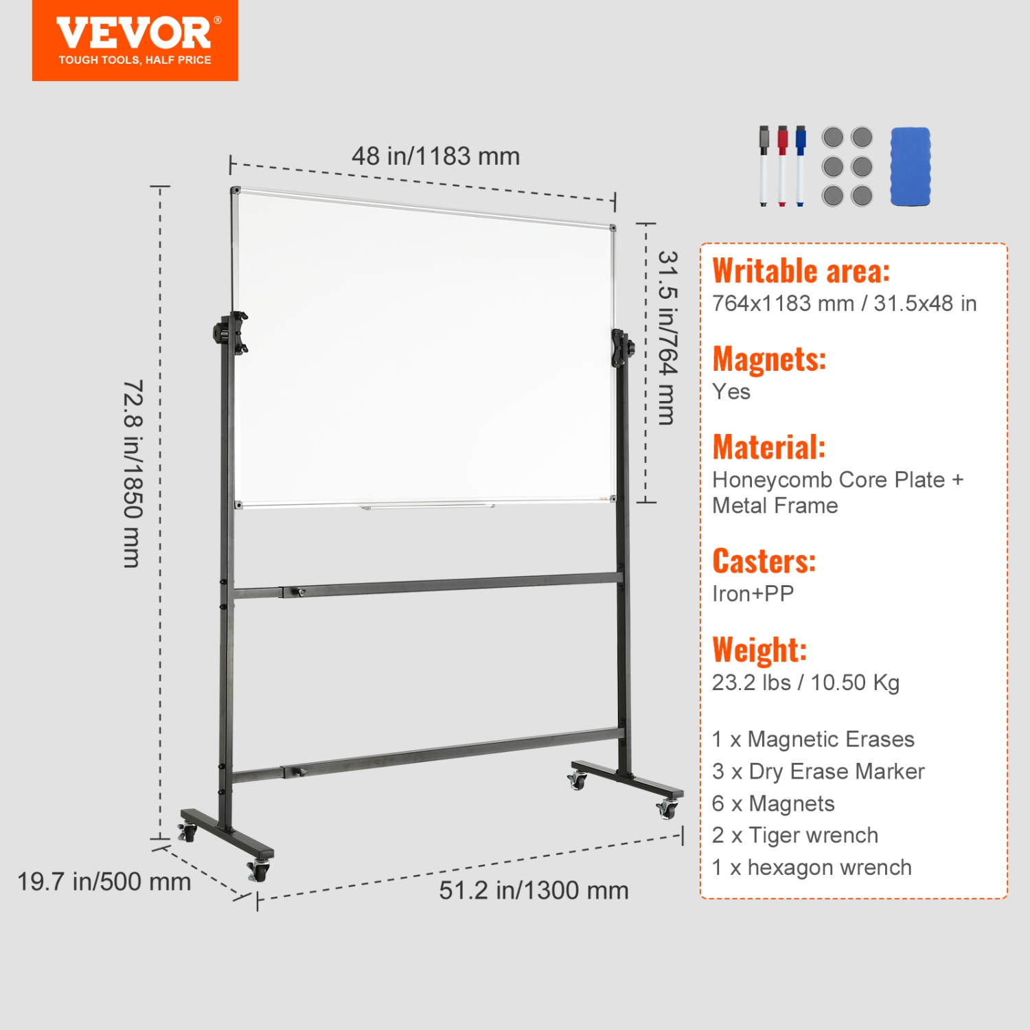 VEVOR 48x32 inch Rolling Whiteboard, Double-Sided Magnetic Mobile Whiteboard, 360° Reversible Adjustable Height Dry Erase Board with Wheels & Movable