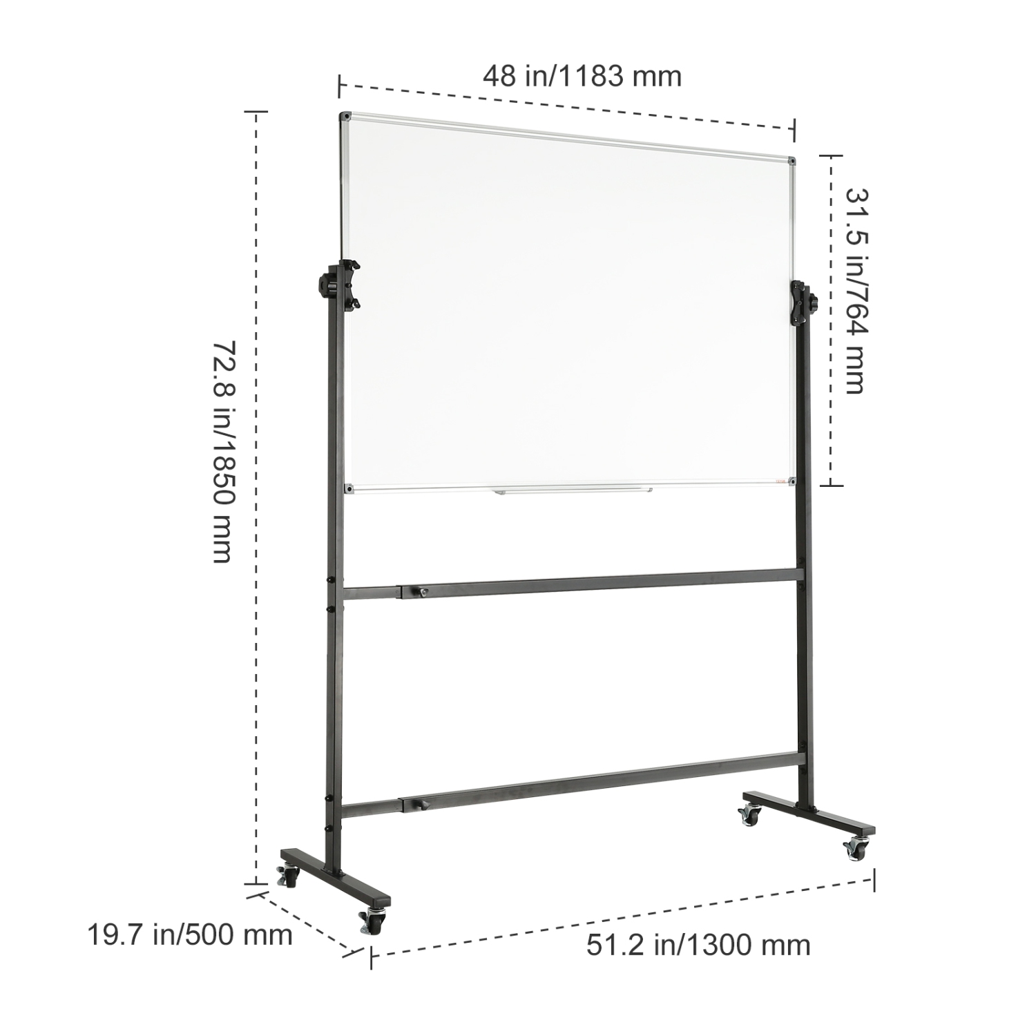 VEVOR 48x32 inch Rolling Whiteboard, Double-Sided Magnetic Mobile Whiteboard, 360° Reversible Adjustable Height Dry Erase Board with Wheels & Movable