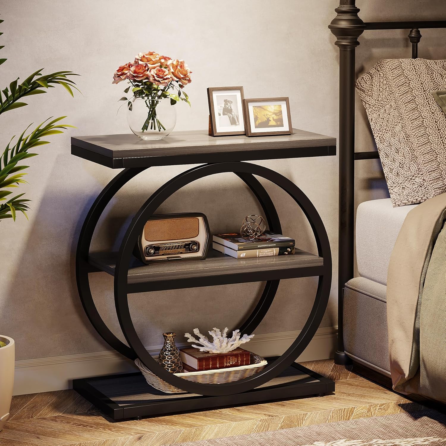 Ensemble de 2 tables de bout Tribesigns, table de bout étroite avec 3 tablettes de rangement, table d'appoint en bois avec cadres en métal noir