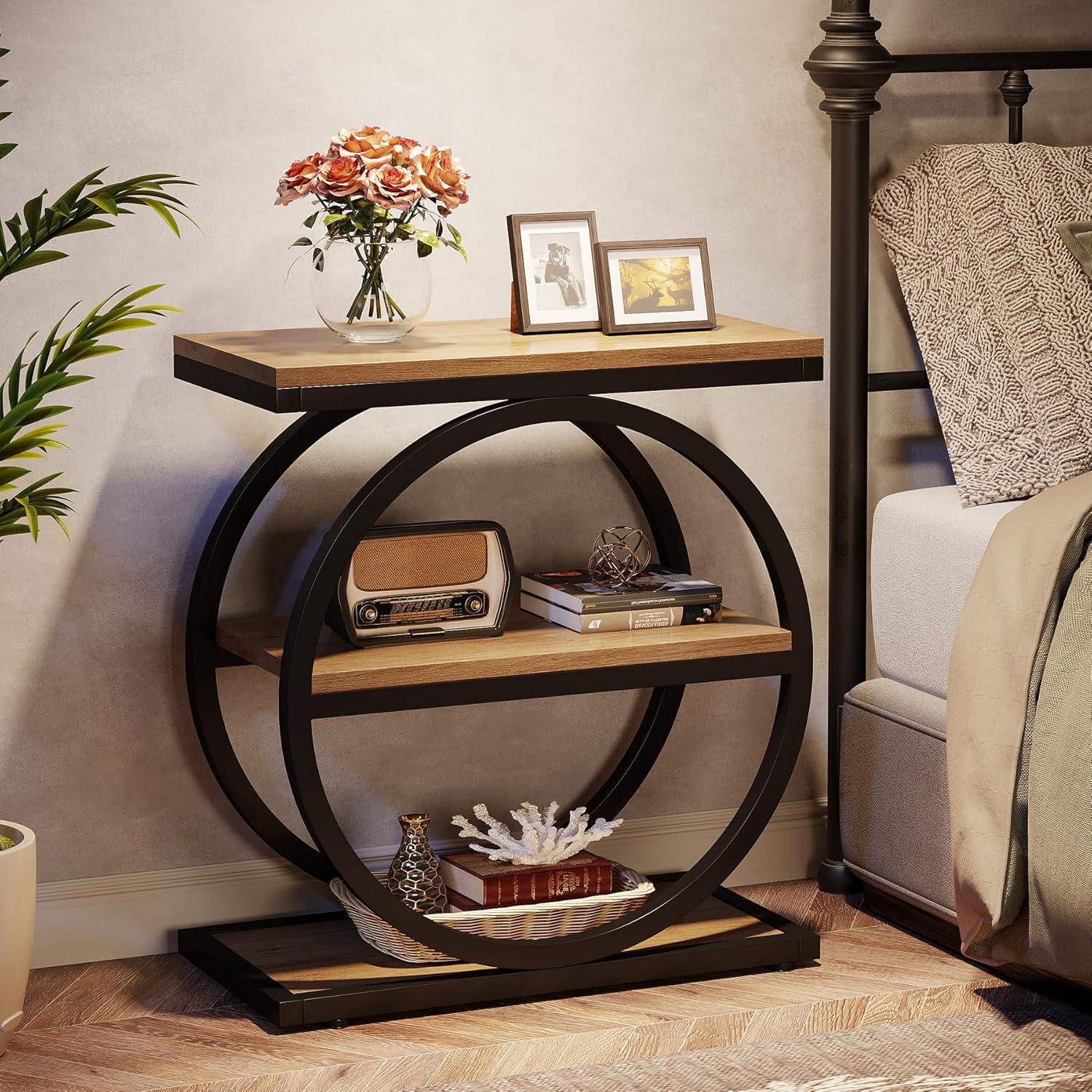 Tribesigns End Table Set of 2, Narrow End Table with 3 Storage Shelves, Wood Side Table with Black Metal Frames