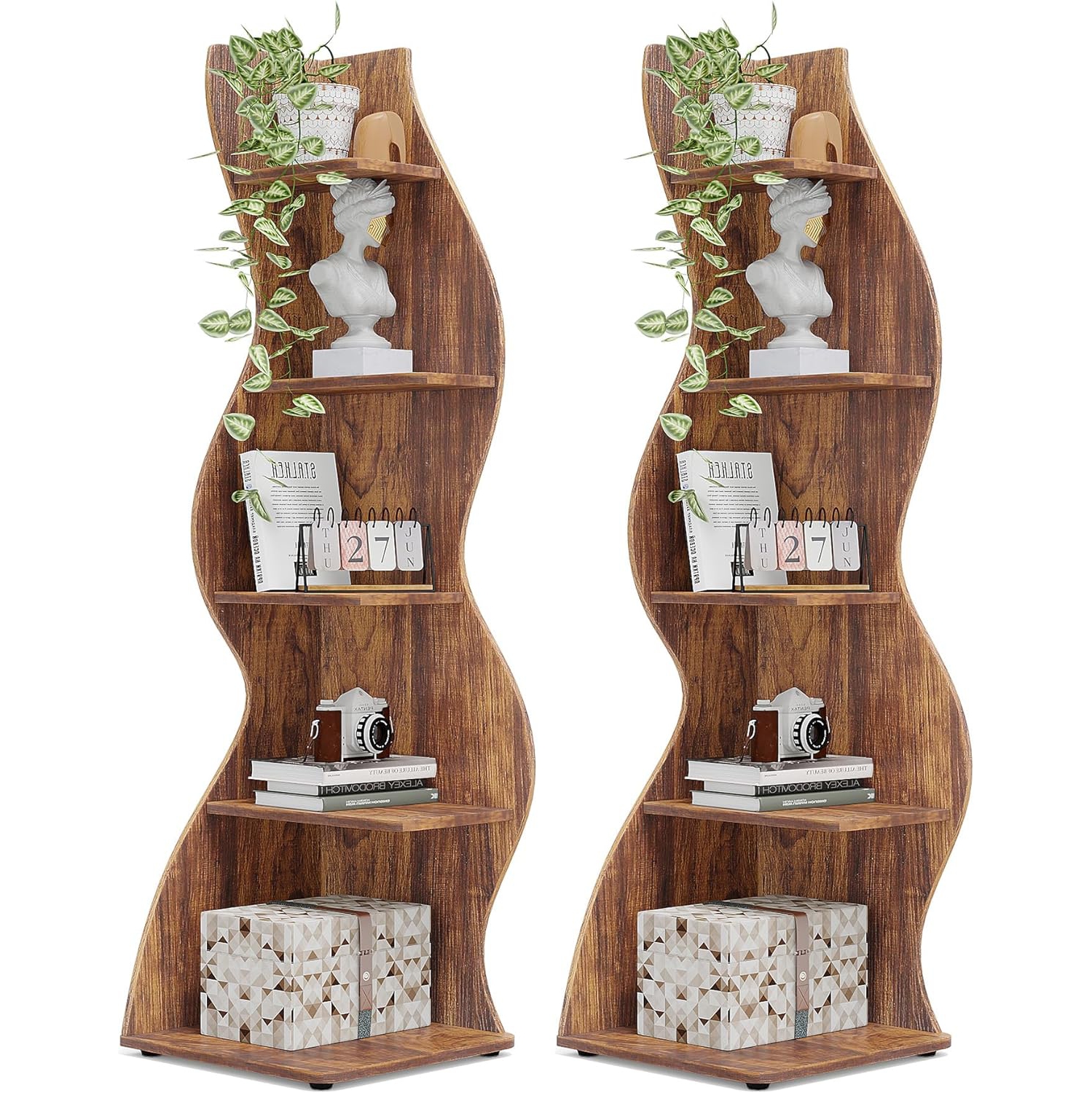 Ensemble de 2 tablettes en coin Tribesigns, bibliothèque en coin murale rustique à 5 niveaux, petit support de rangement en coin élégant pour plante