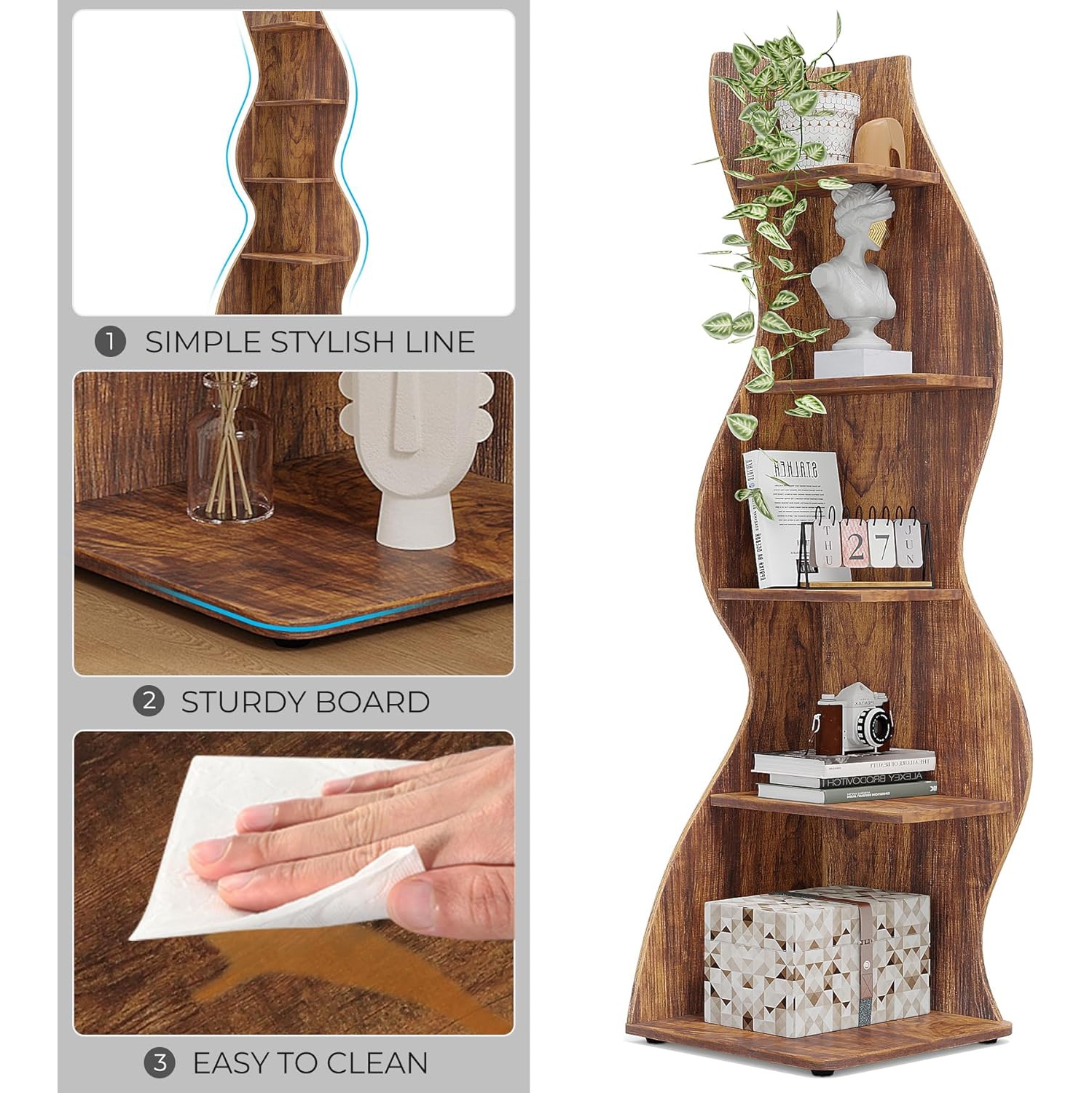 Ensemble de 2 tablettes en coin Tribesigns, bibliothèque en coin murale rustique à 5 niveaux, petit support de rangement en coin élégant pour plante