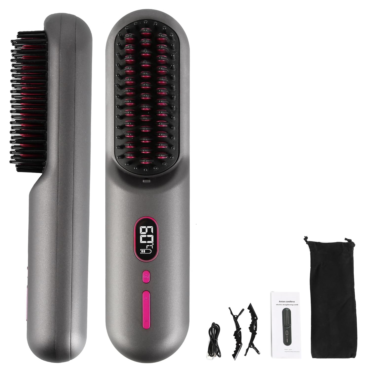Brosse lissante sans fil avec affichage de la température LED, brosse lissante portative à ions négatifs pour les voyages