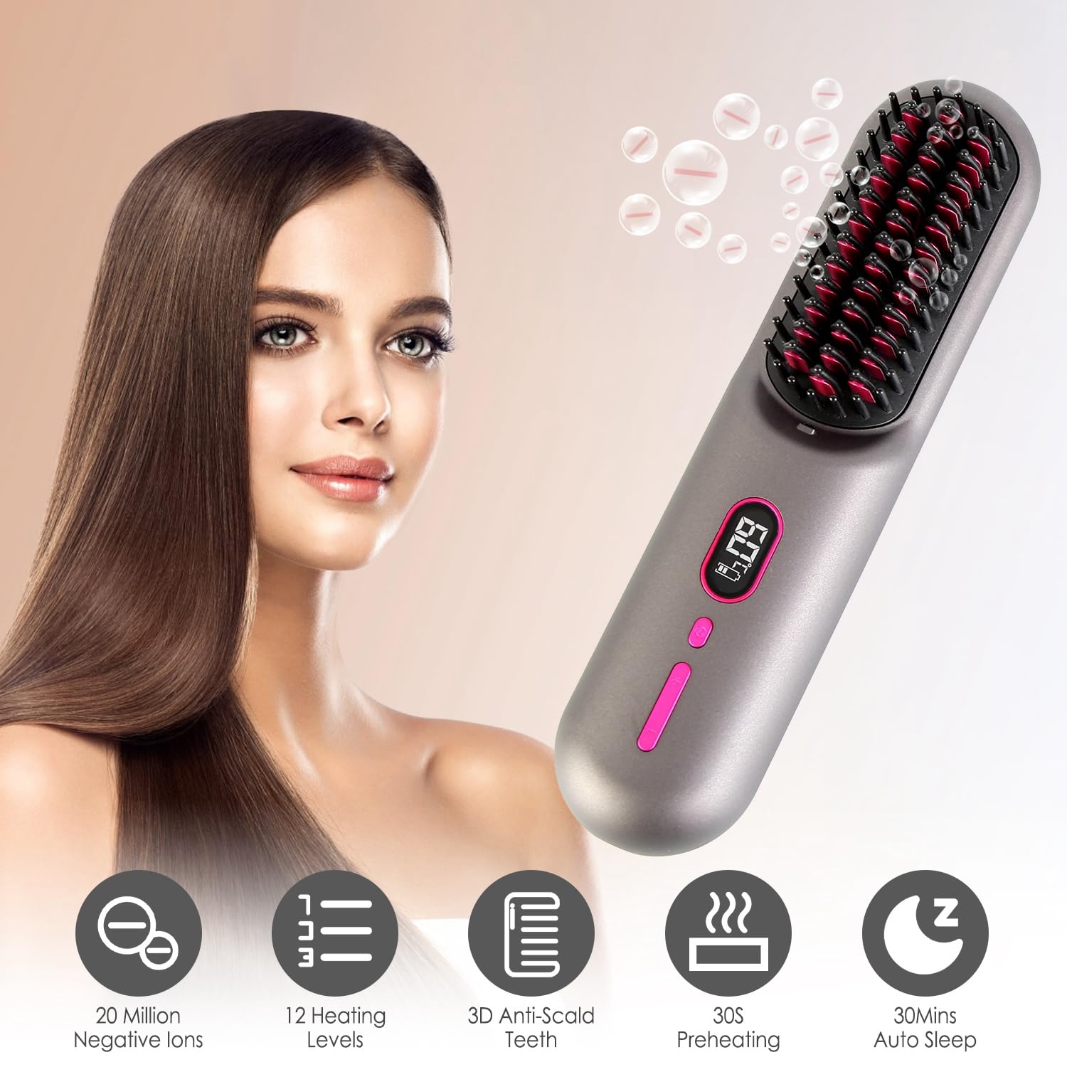 Brosse lissante sans fil avec affichage de la température LED, brosse lissante portative à ions négatifs pour les voyages