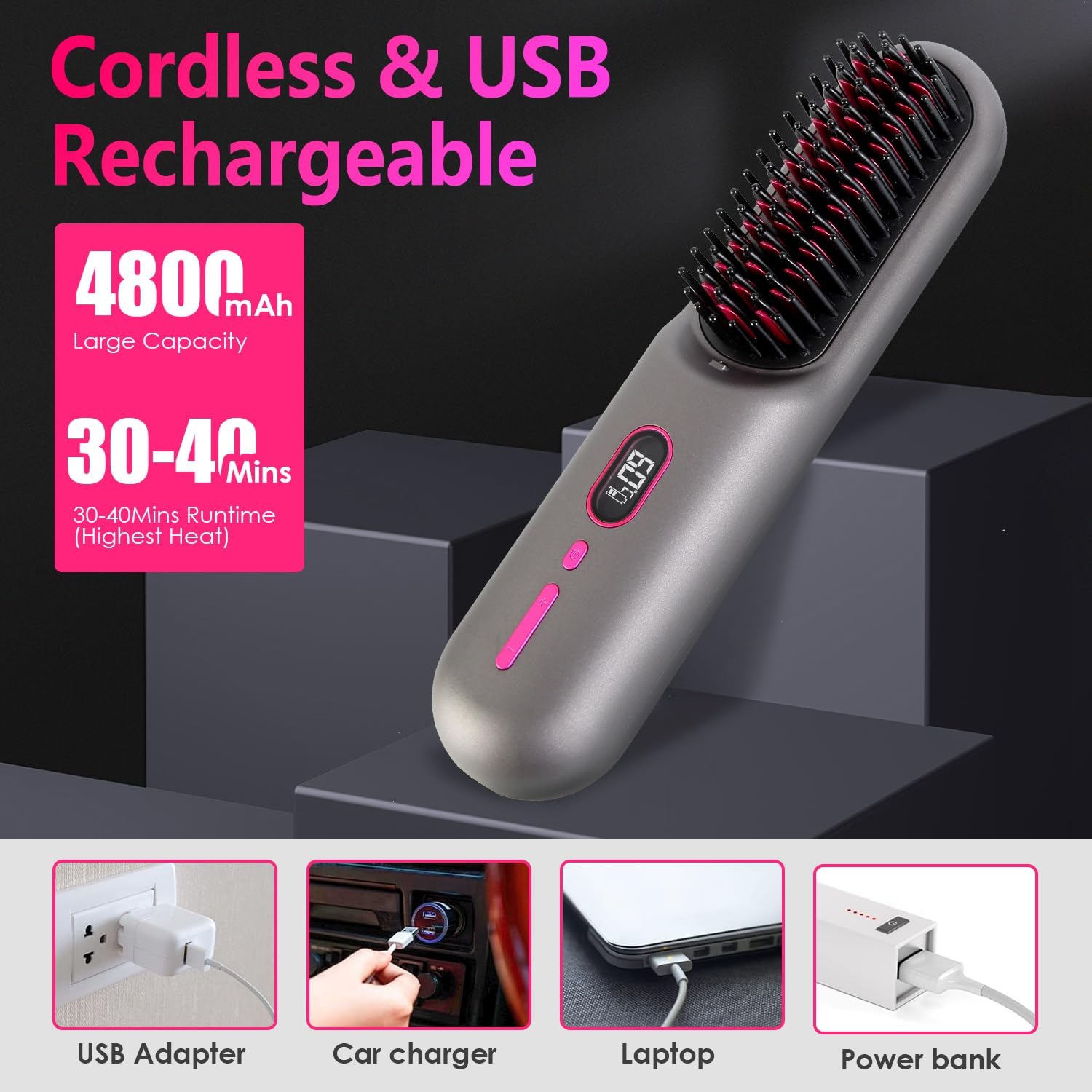 Brosse lissante sans fil avec affichage de la température LED, brosse lissante portative à ions négatifs pour les voyages