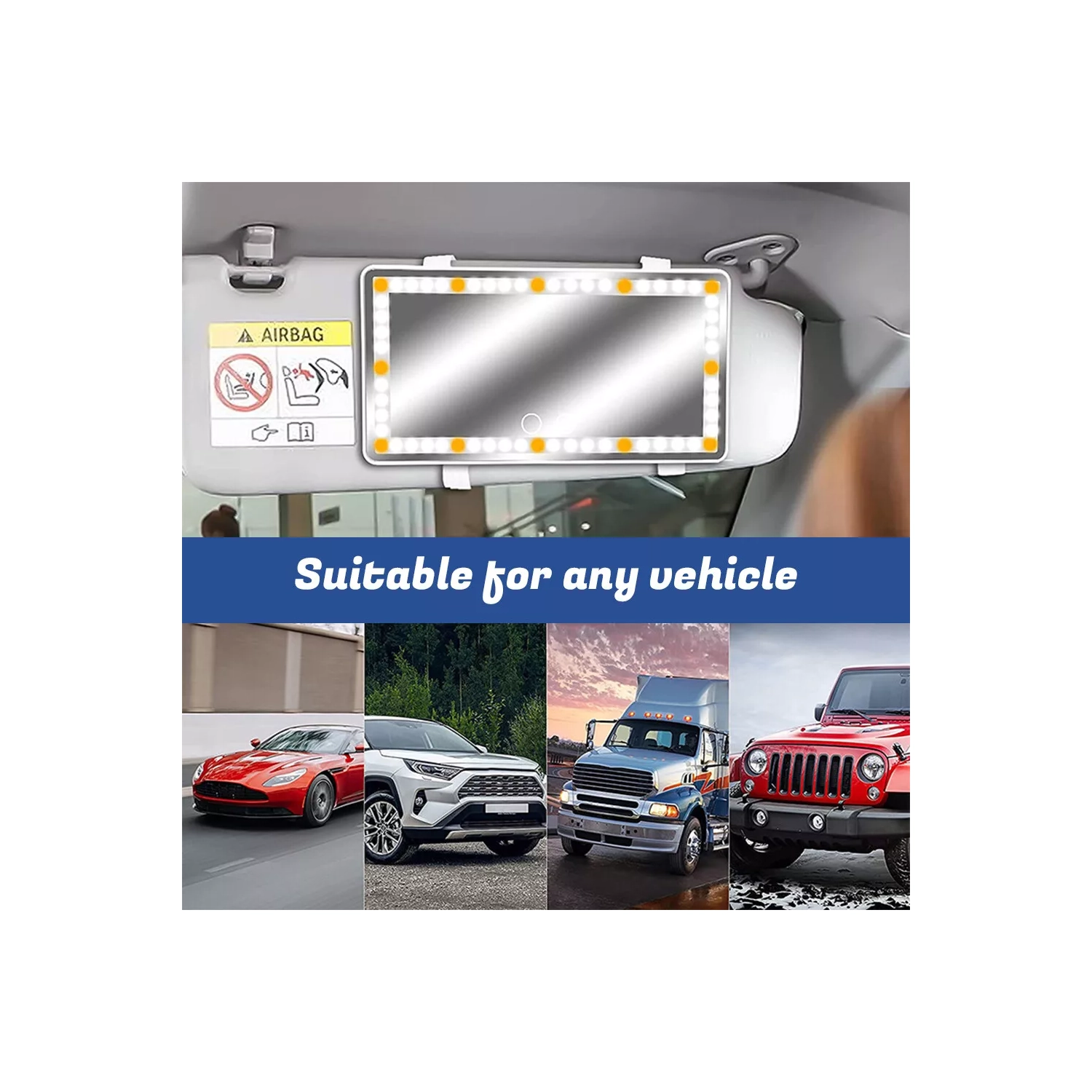 60 LEDs Car Sun Visor Vanity Mirror Rechargeable Makeup Mirror with 3 Light Modes