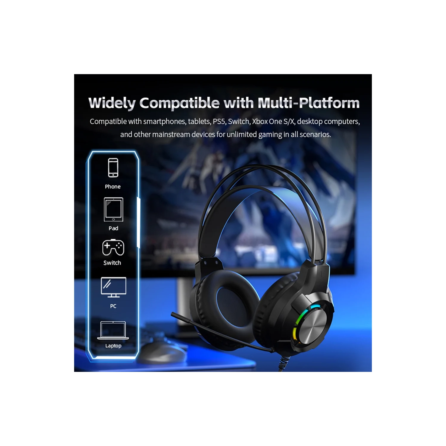 Casque de jeu avec fil avec microphone à suppression du bruit LED Compatible avec les portables PS4 PS5 et iPad