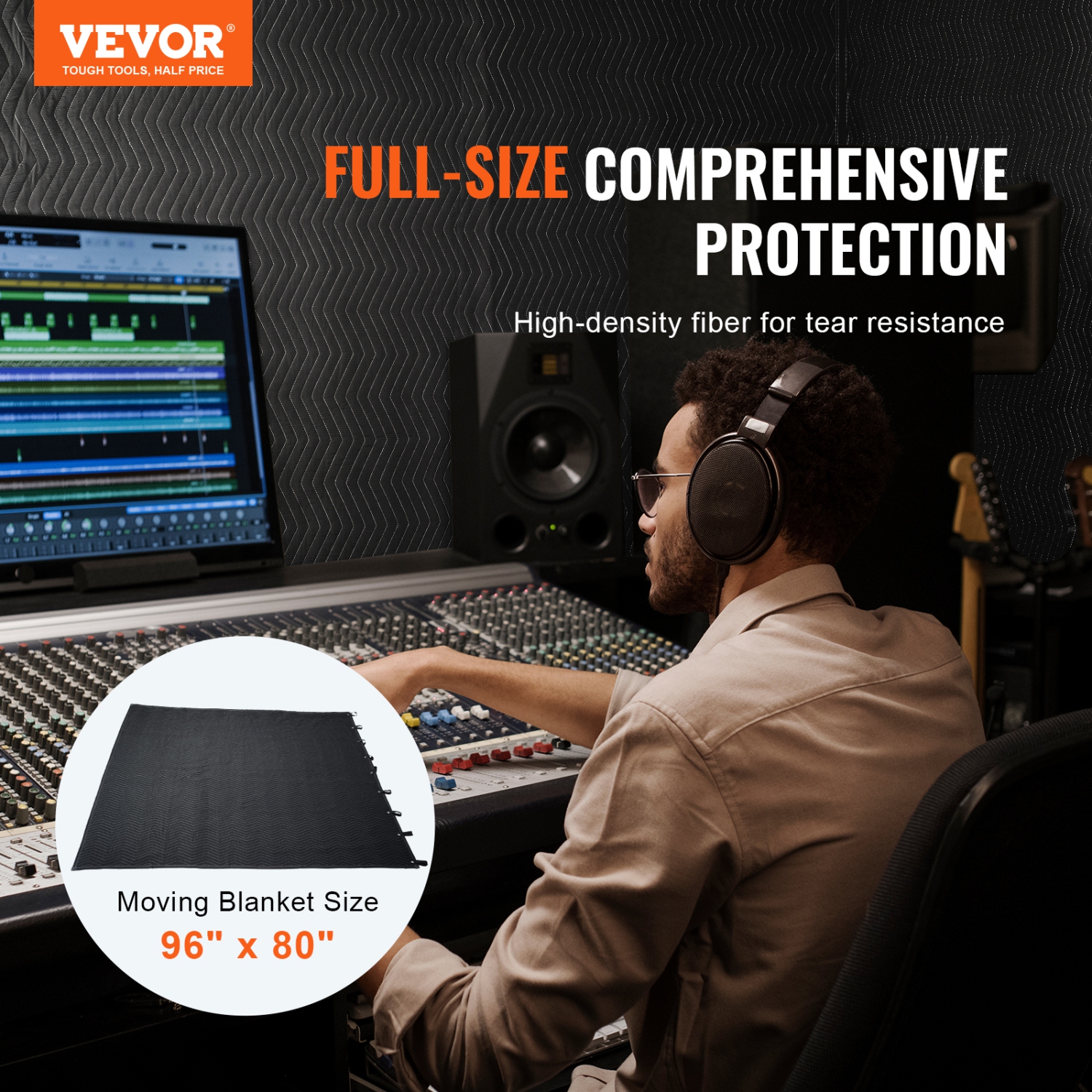 VEVOR 96"x80" Extra-Large Sound Dampening Blanket with Grommets. Ideal for studios & doors, blocks noise & light. Black, excellent sound absorption.