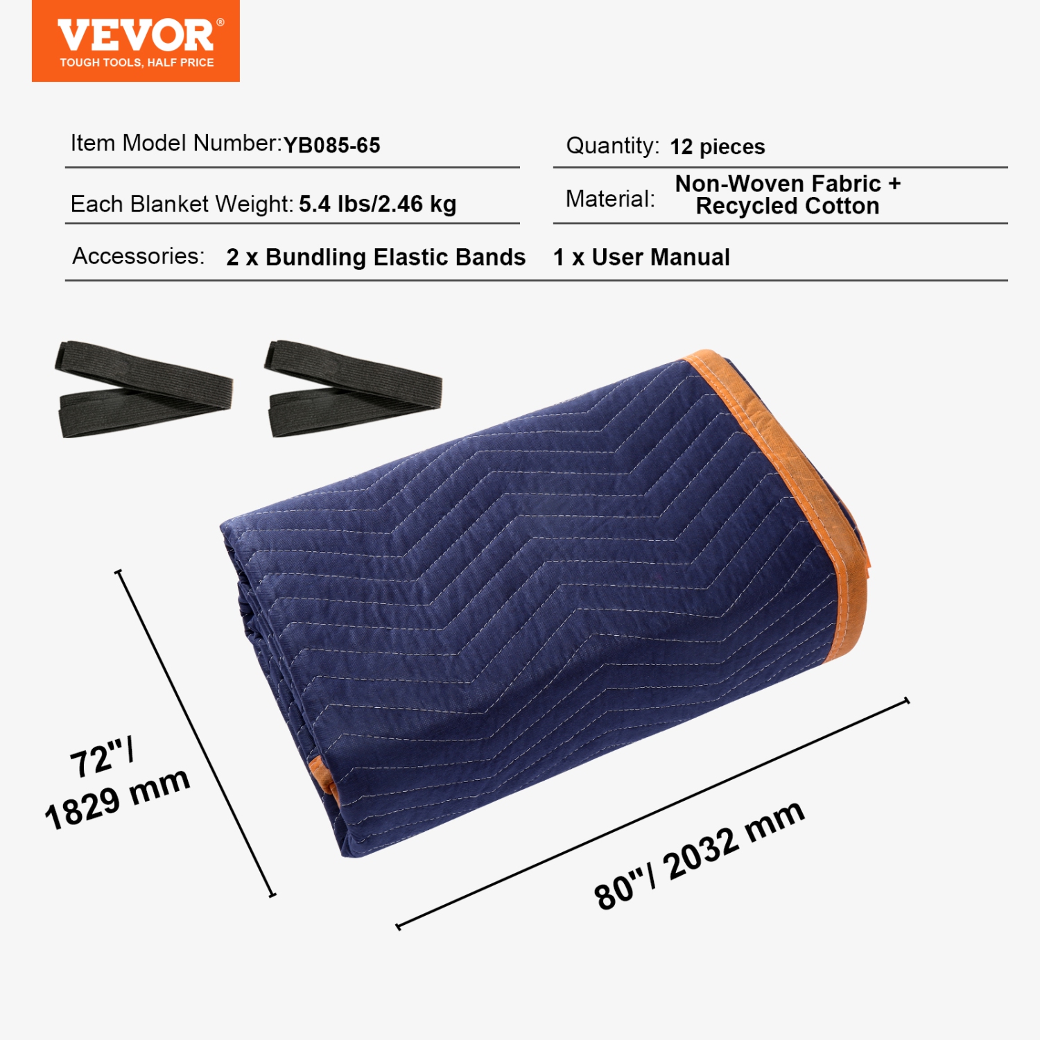 VEVOR 80" x 72" Moving Blankets, 65 lbs/dz Weight, 12 Packs, Professional Non-Woven & Recycled Cotton Packing Blanket, Heavy Duty Mover Pads for