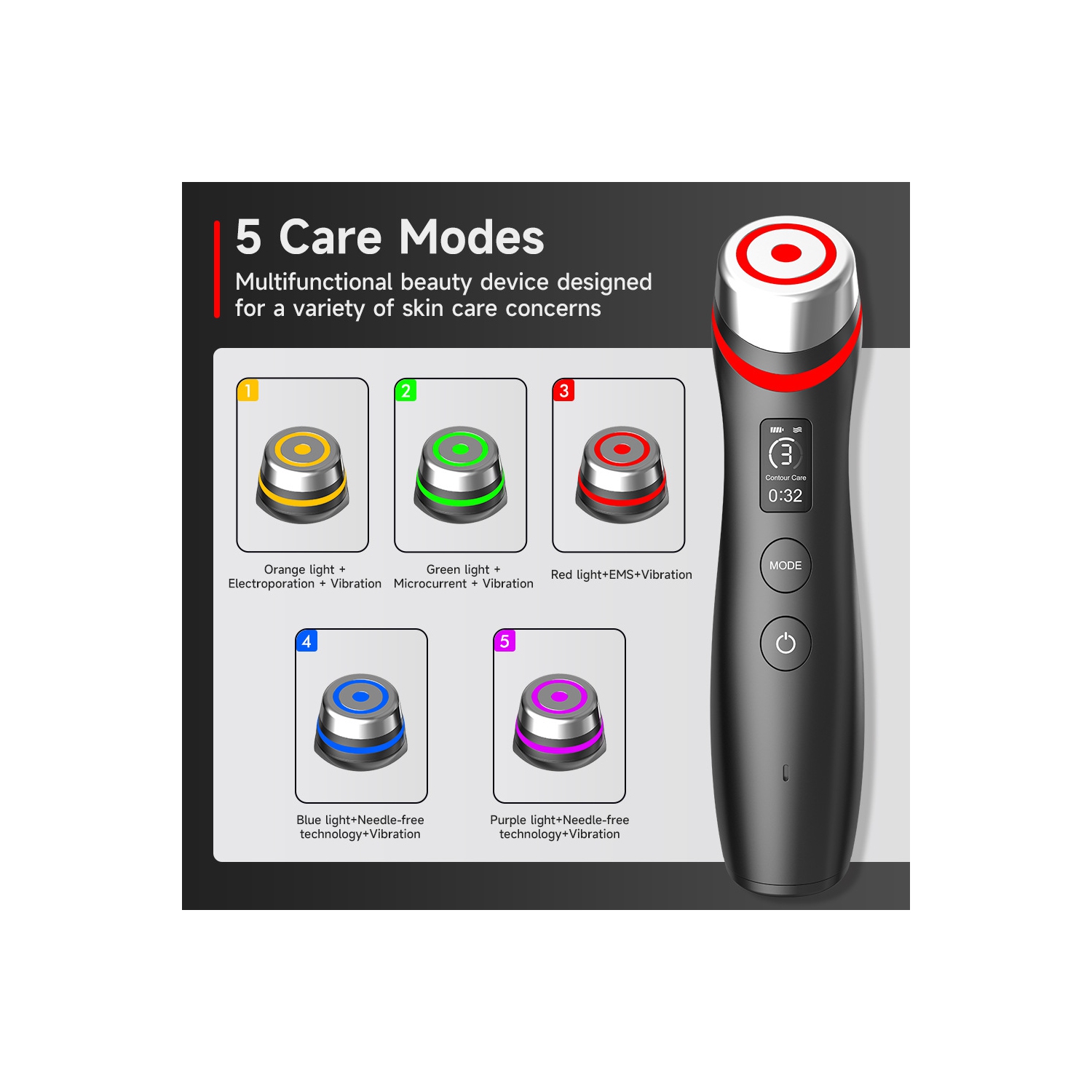 5 Color LED Light Therapy Device for Skin Care,Skin Tightening Face Beauty Device,Face Massager Tool with 5 Modes,Facial Neck Lifting,Firming & Pore