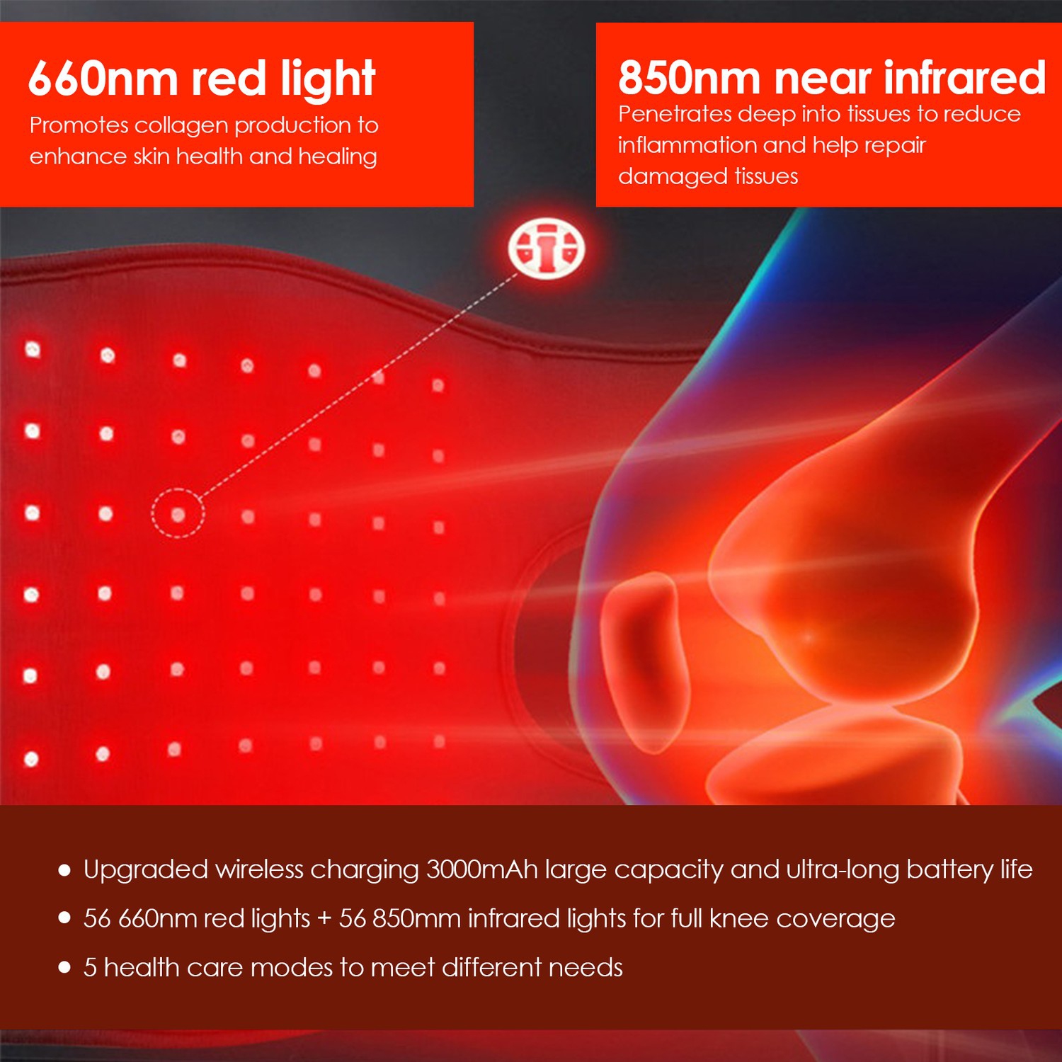 Red Light Therapy Knee Pad LED Light Knee Joint Therapy Device Near Infrared Heating Pad Pain Relief for Shoulder Leg