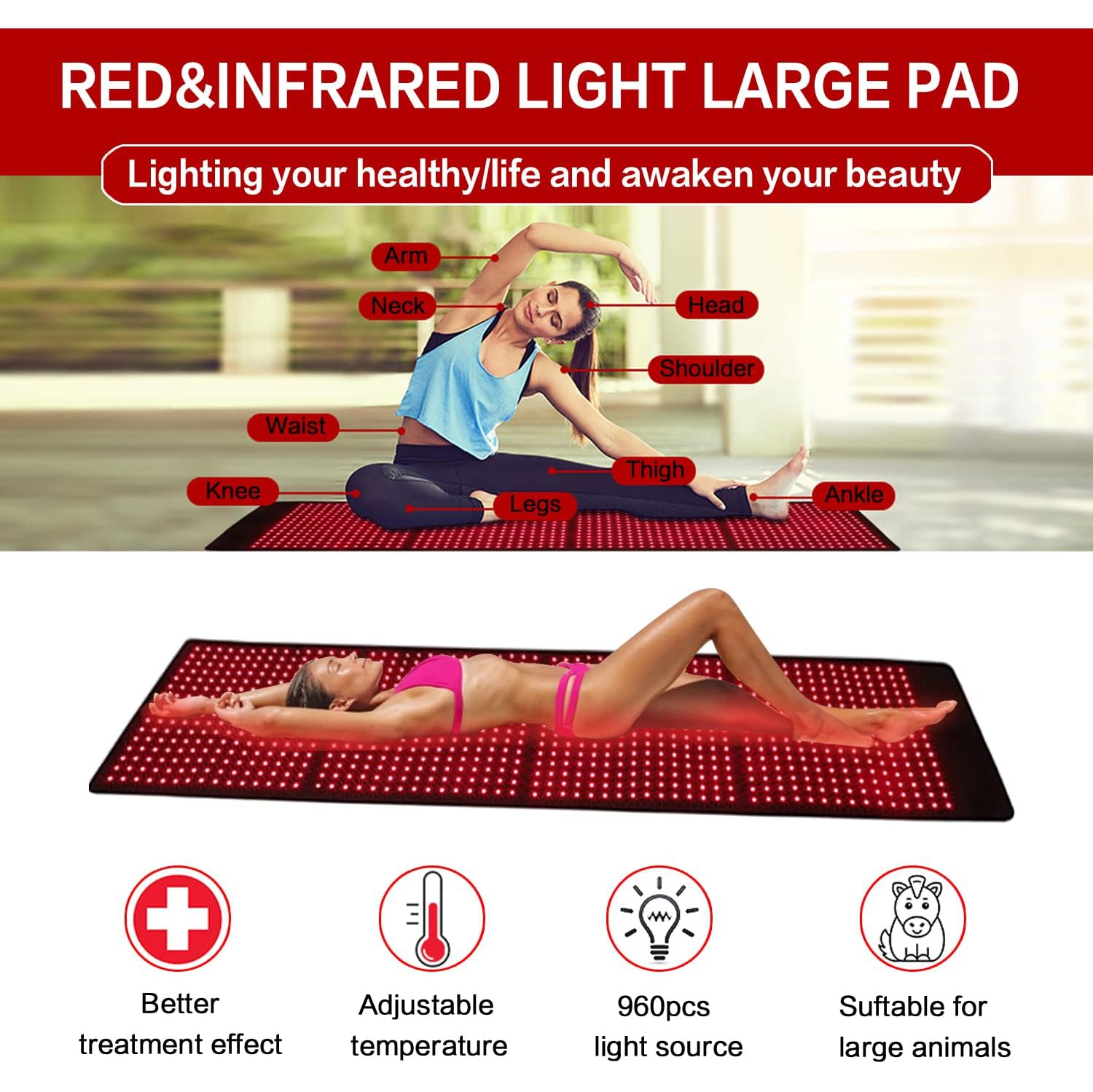 Coussin thérapeutique rouge et infrarouge pour corps entier, coussin thérapeutique à lumière rouge 850&nbsp;nm de 660&nbsp;nm pour soulagement de la