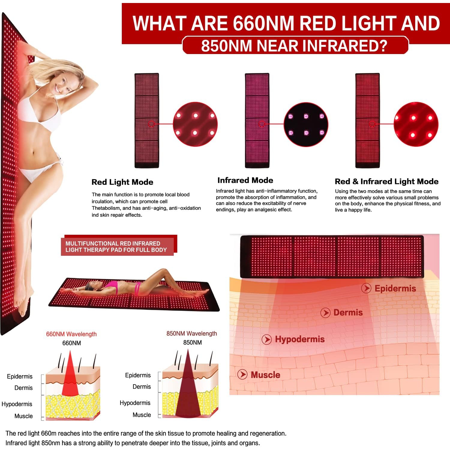 Coussin thérapeutique rouge et infrarouge pour corps entier, coussin thérapeutique à lumière rouge 850&nbsp;nm de 660&nbsp;nm pour soulagement de la