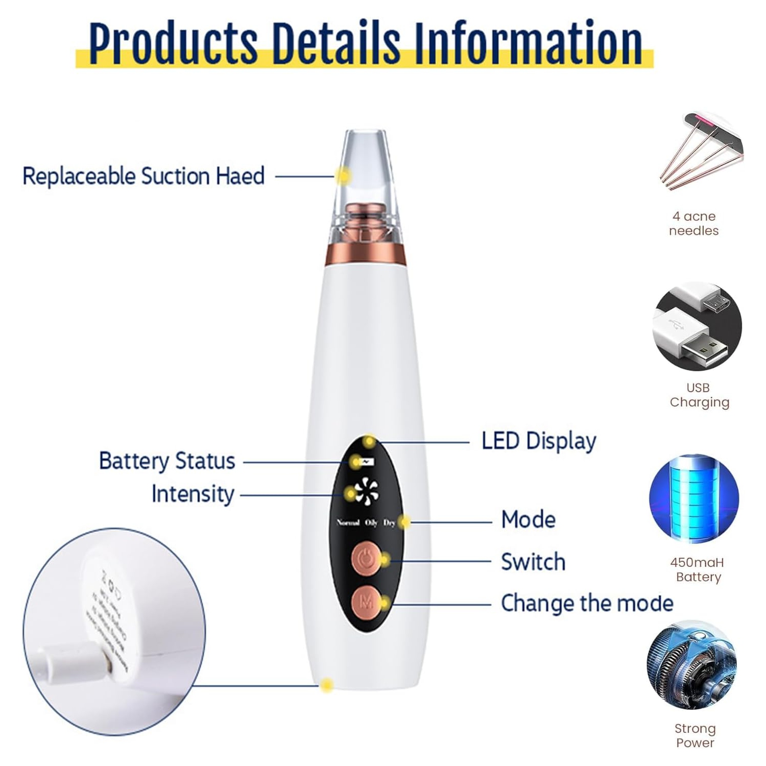 Blackhead Remover Vacuum,Black Head Remover for Face,Blackhead Extractor with 6 Suction Probes,USB Charging Pores Cleaning Vacuum for Women Men