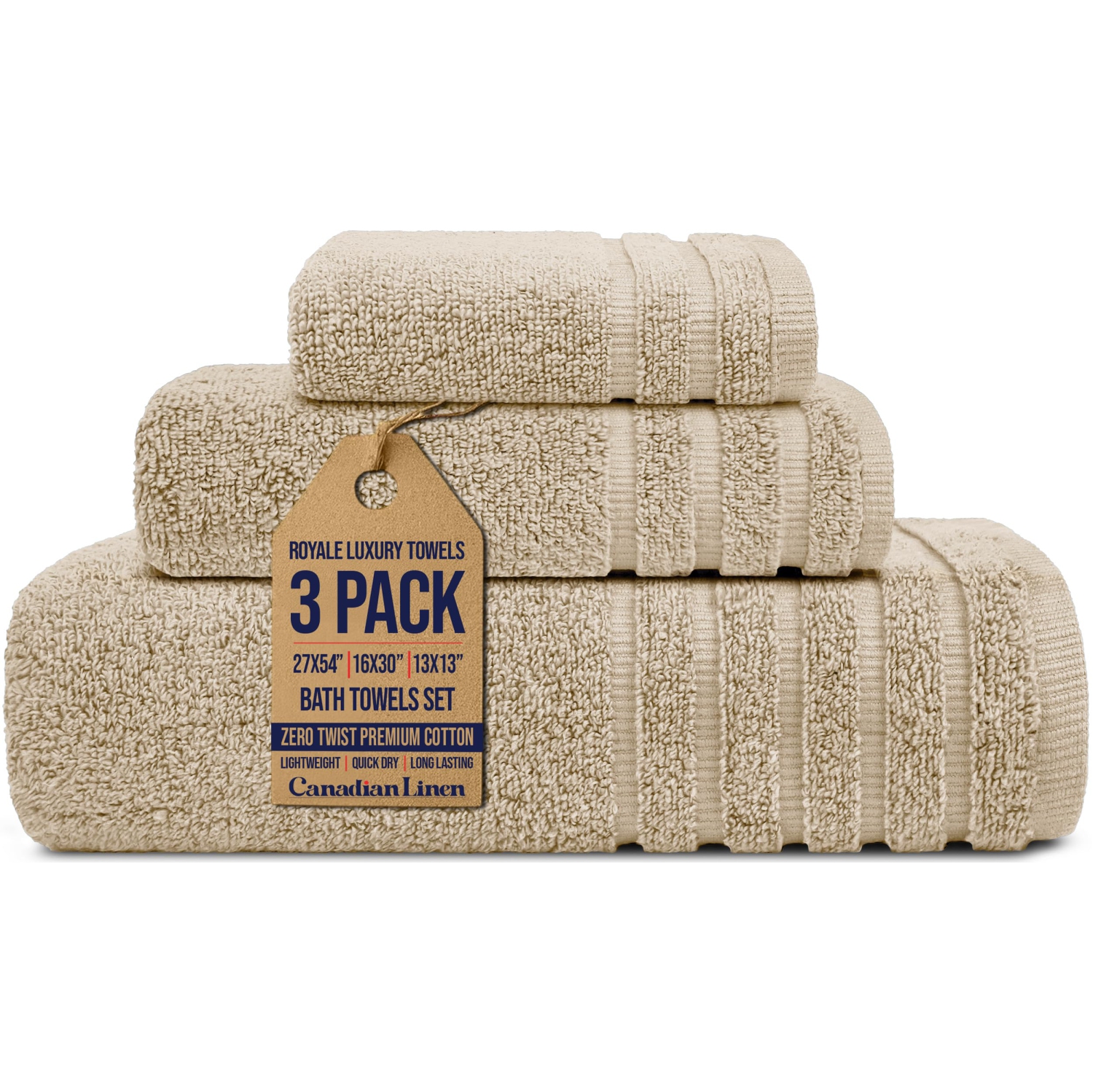 Canadian Linen Royale Towels, Pack of 3, Lightweight Quick Dry Soft Absorbent Cotton Towel for Hotel Motel Spa Gym, Beige
