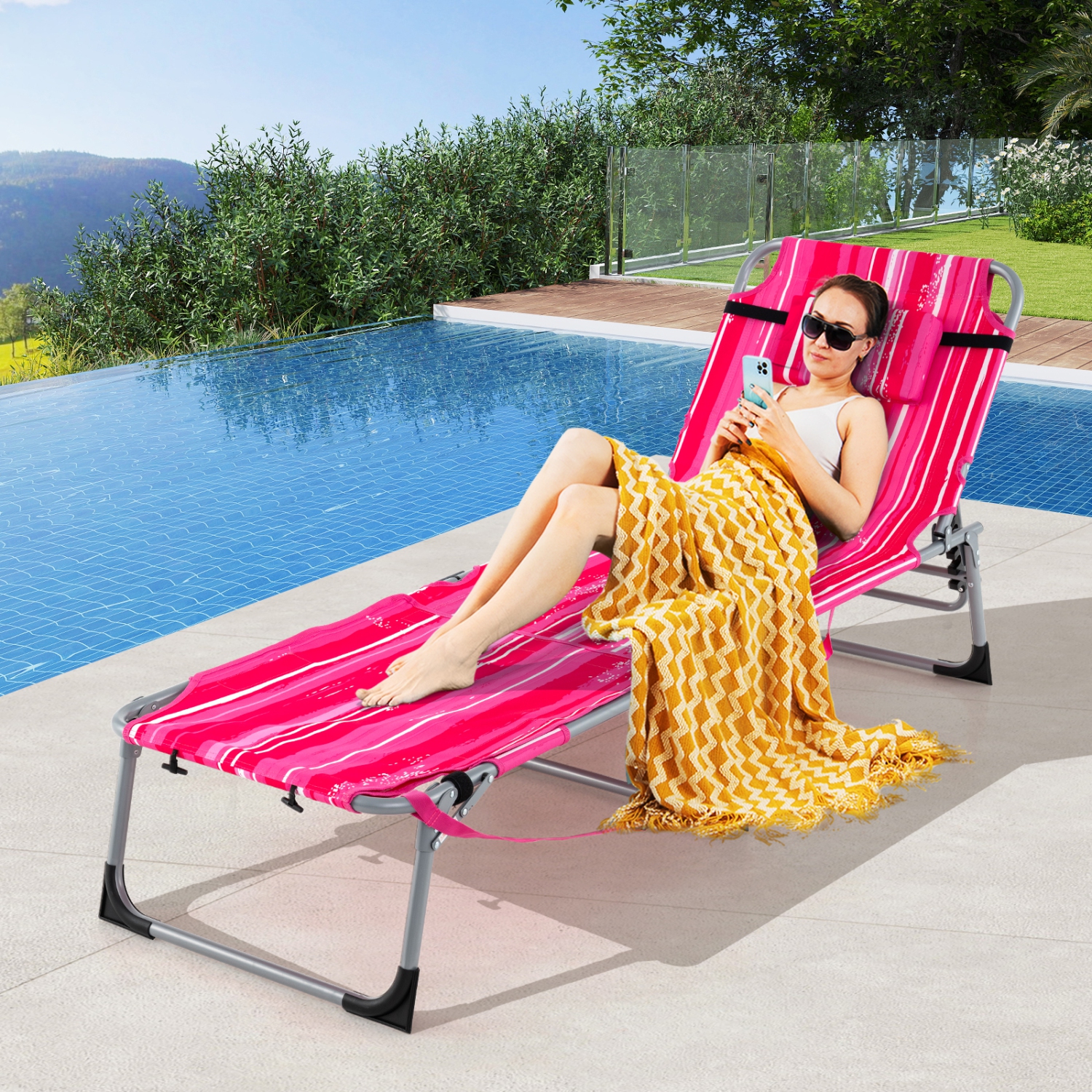 Gymax Outdoor Folding Chaise 5-Position Lounge Chair w/ Face Hole & Adjustable Footrest