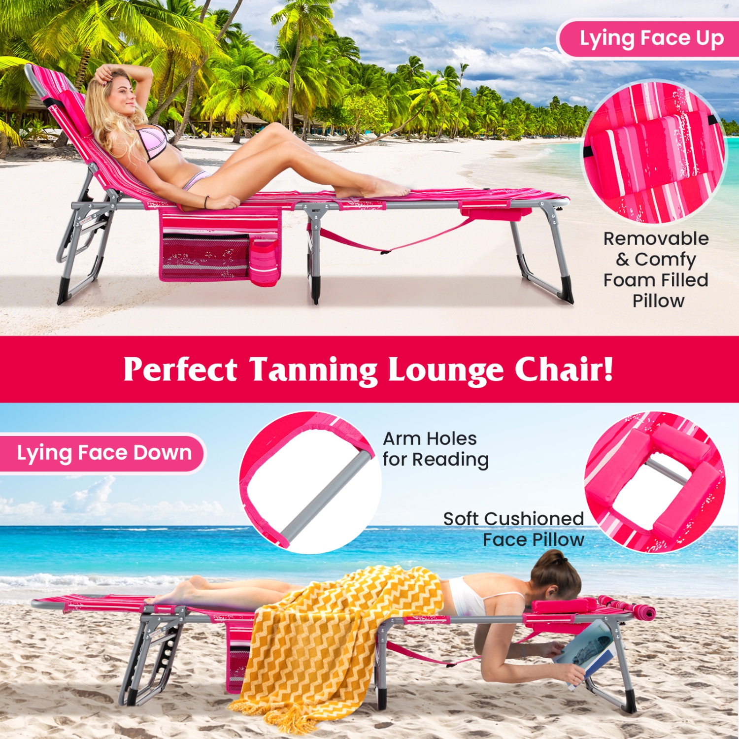 Gymax Outdoor Folding Chaise 5-Position Lounge Chair w/ Face Hole & Adjustable Footrest