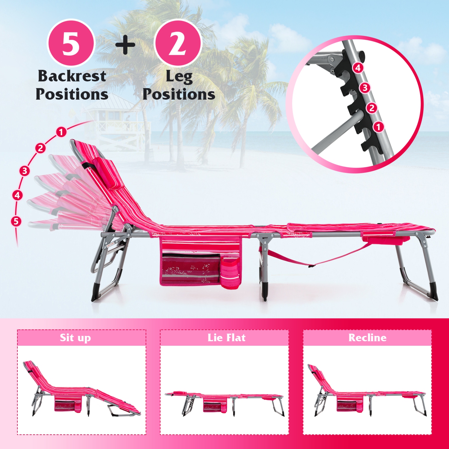 Gymax Outdoor Folding Chaise 5-Position Lounge Chair w/ Face Hole & Adjustable Footrest