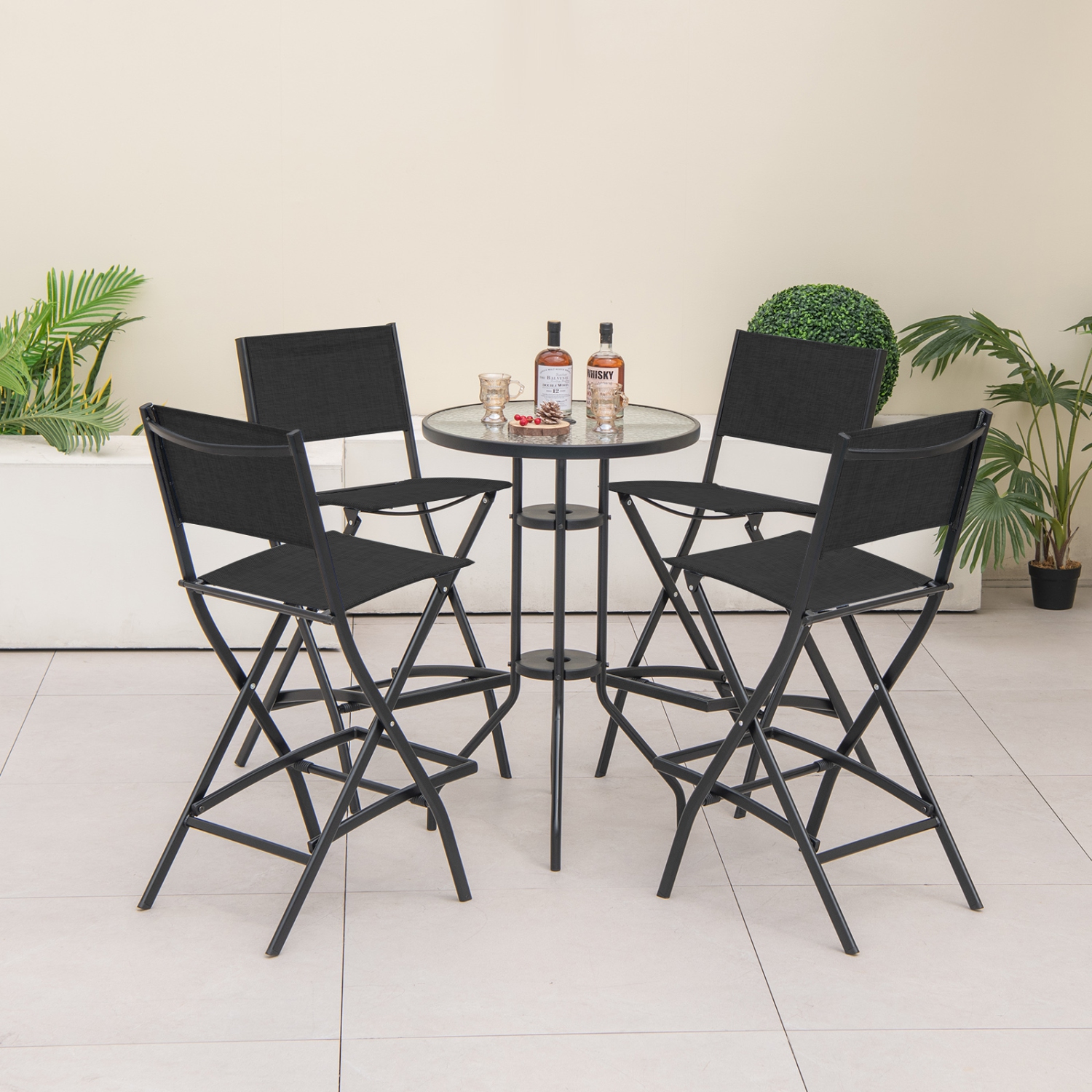 Gymax Folding Bar Stools Set of 4 Patio Sling Chairs w/ Backrest Humanized Footrest Black