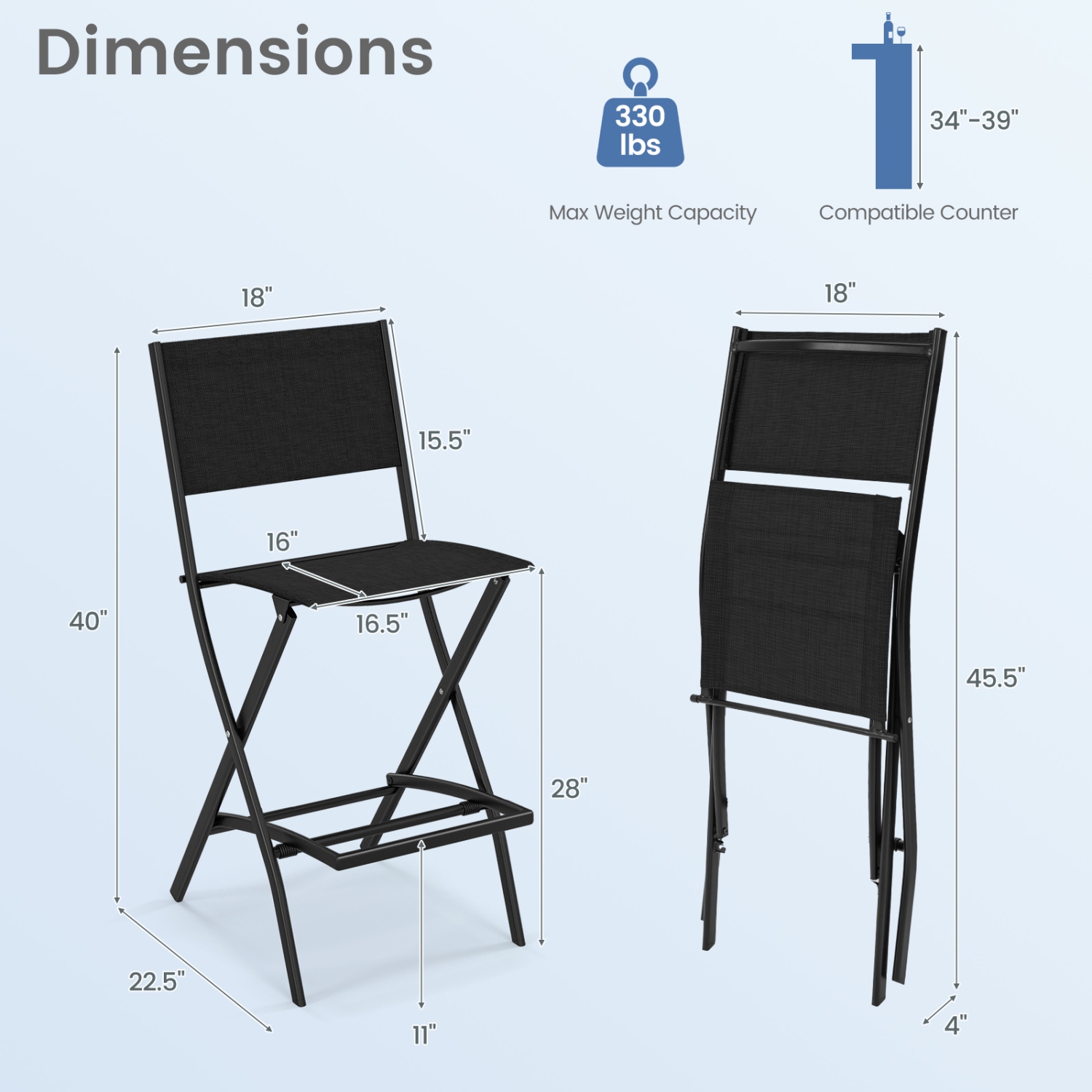 Gymax Folding Bar Stools Set of 4 Patio Sling Chairs w/ Backrest Humanized Footrest Black