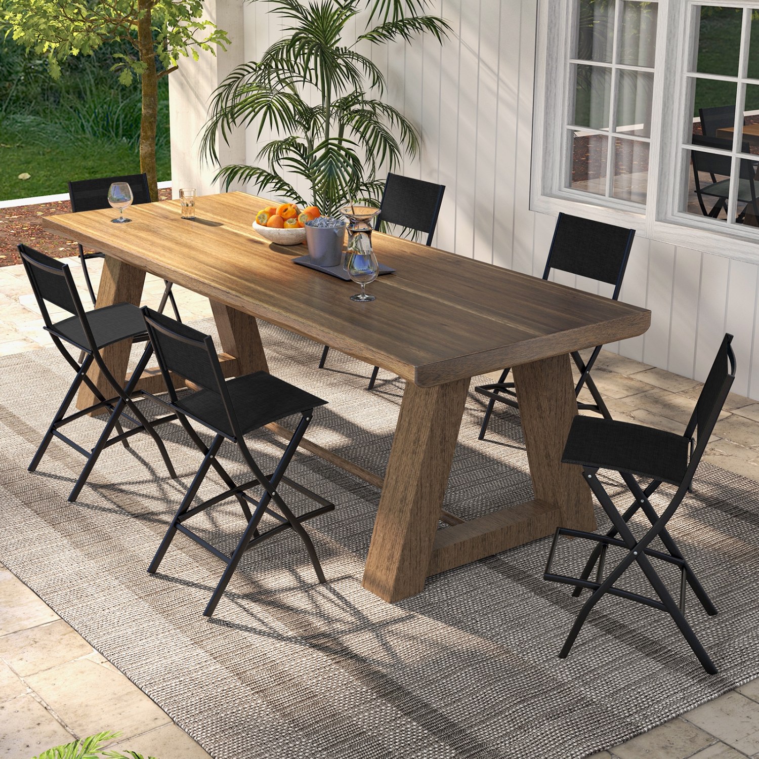 Gymax Folding Bar Stools Set of 4 Patio Sling Chairs w/ Backrest Humanized Footrest Black