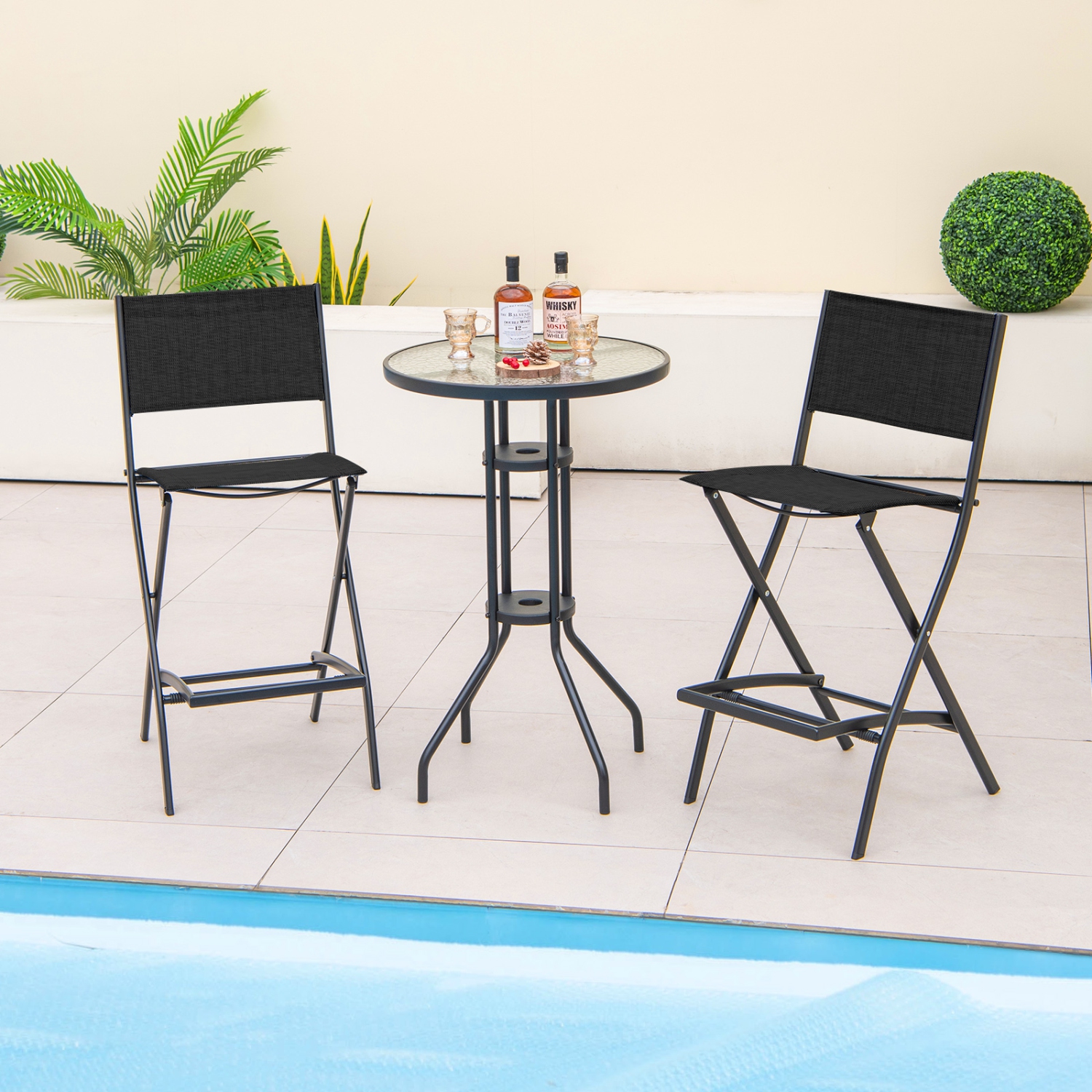 Gymax Folding Bar Stools Set of 4 Patio Sling Chairs w/ Backrest Humanized Footrest Black
