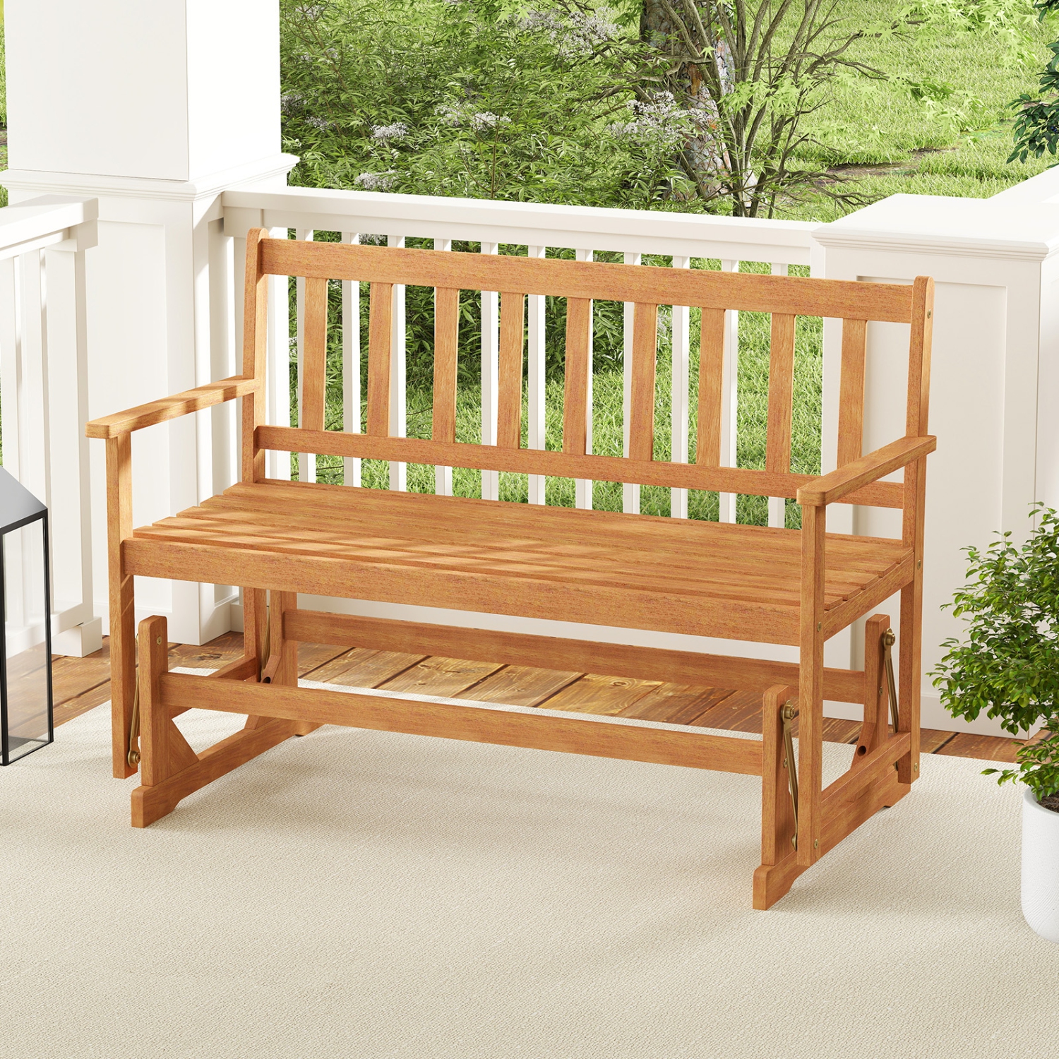 Gymax 2 Person Patio Glider Bench Solid Acacia Wood Porch Glider Chair w/ Seat