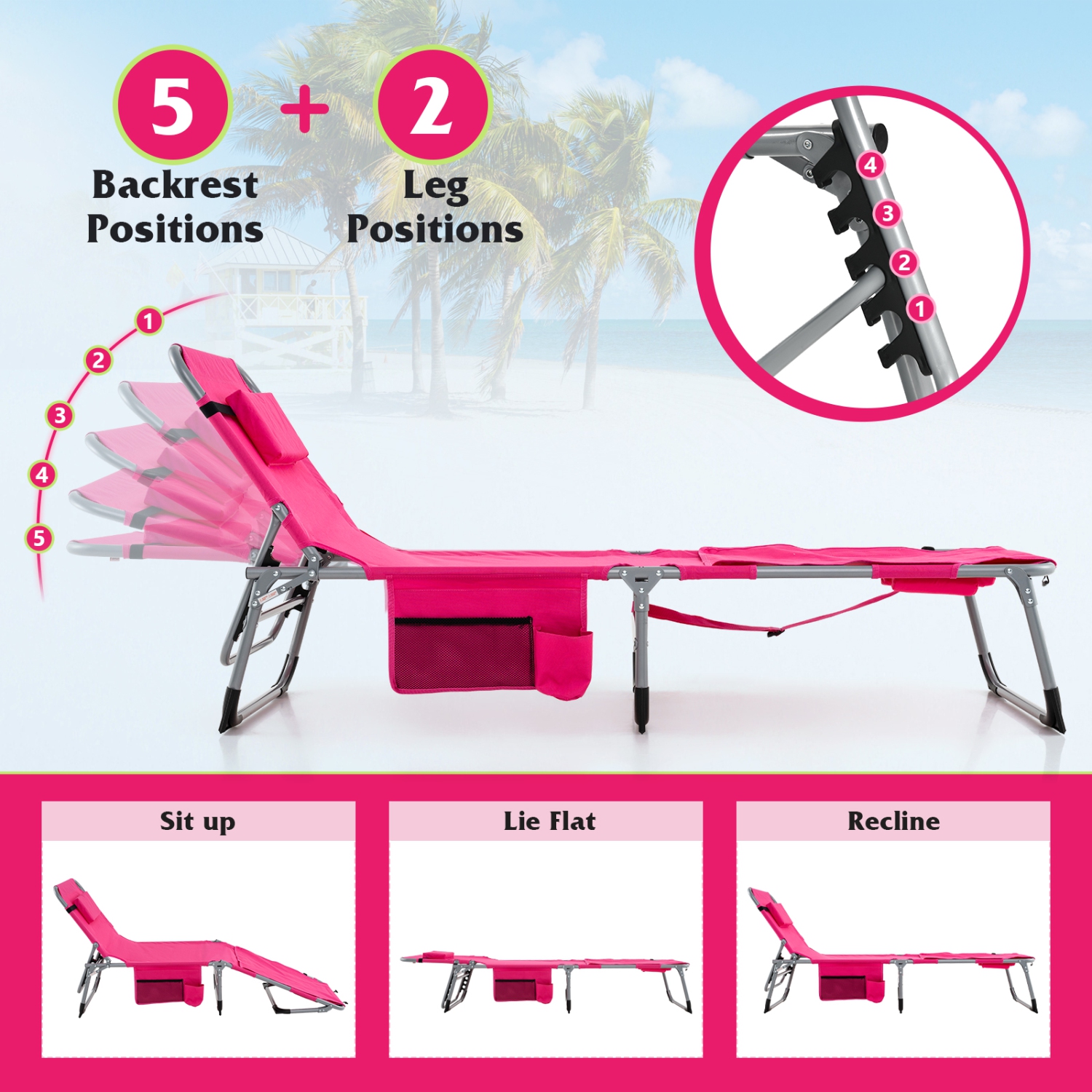Gymax Outdoor Folding Chaise 5-Position Lounge Chair w/ Face Hole & Adjustable Footrest