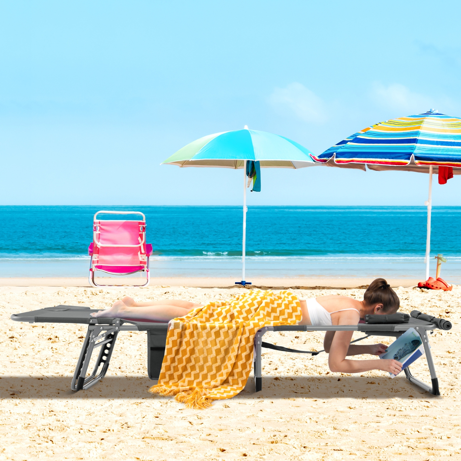 Gymax Outdoor Folding Chaise 5-Position Lounge Chair w/ Face Hole & Adjustable Footrest