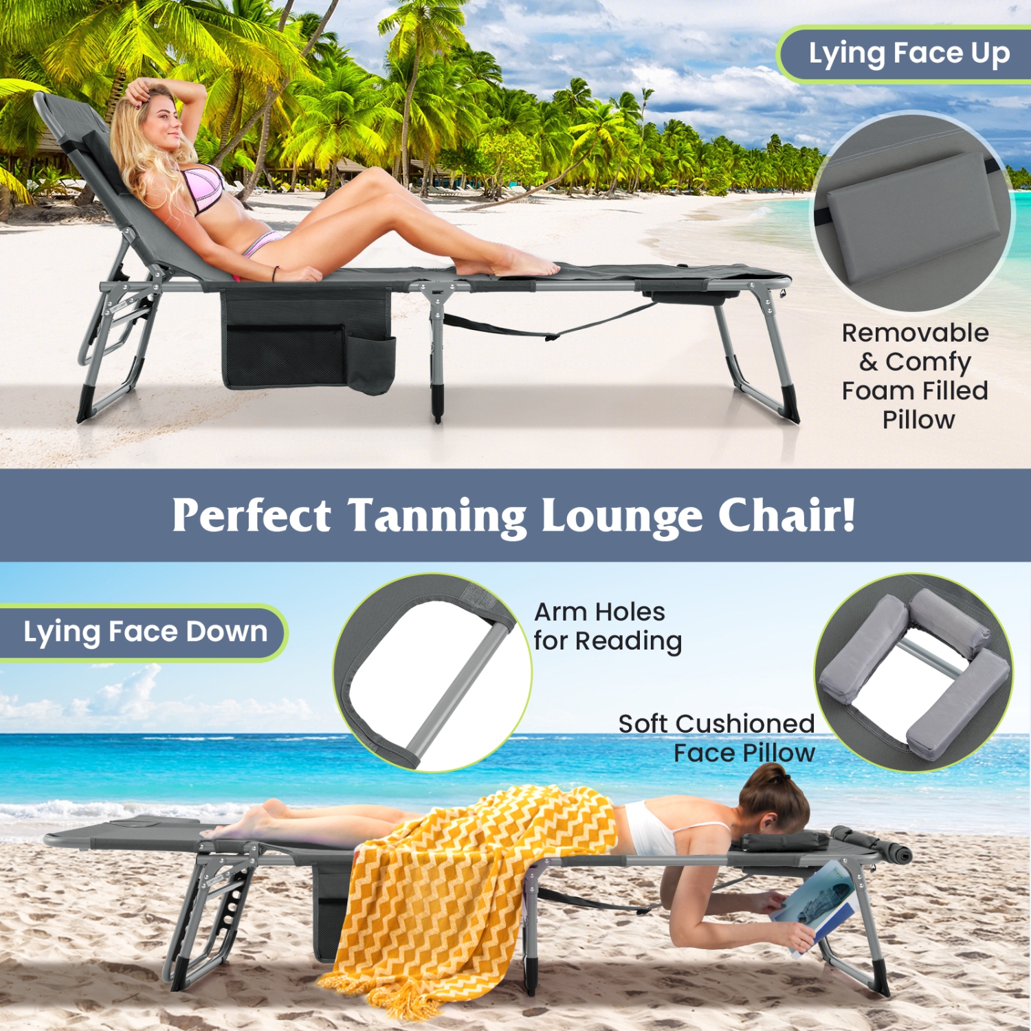 Gymax Outdoor Folding Chaise 5-Position Lounge Chair w/ Face Hole & Adjustable Footrest