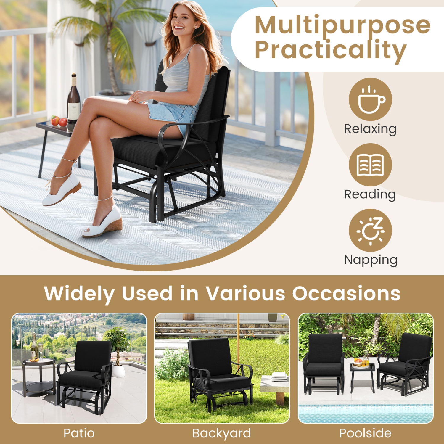 Gymax Patio Glider Chair Single Outdoor Rocking Chair w/ Seat & Back Cushions