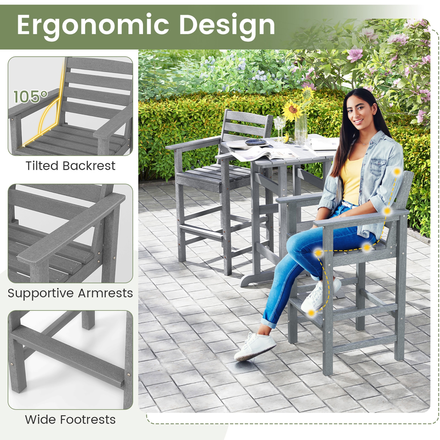 Gymax Patio Bar Stools Set of 4 Tall Adirondack Chair w/ Backrest Armrests & Footrests