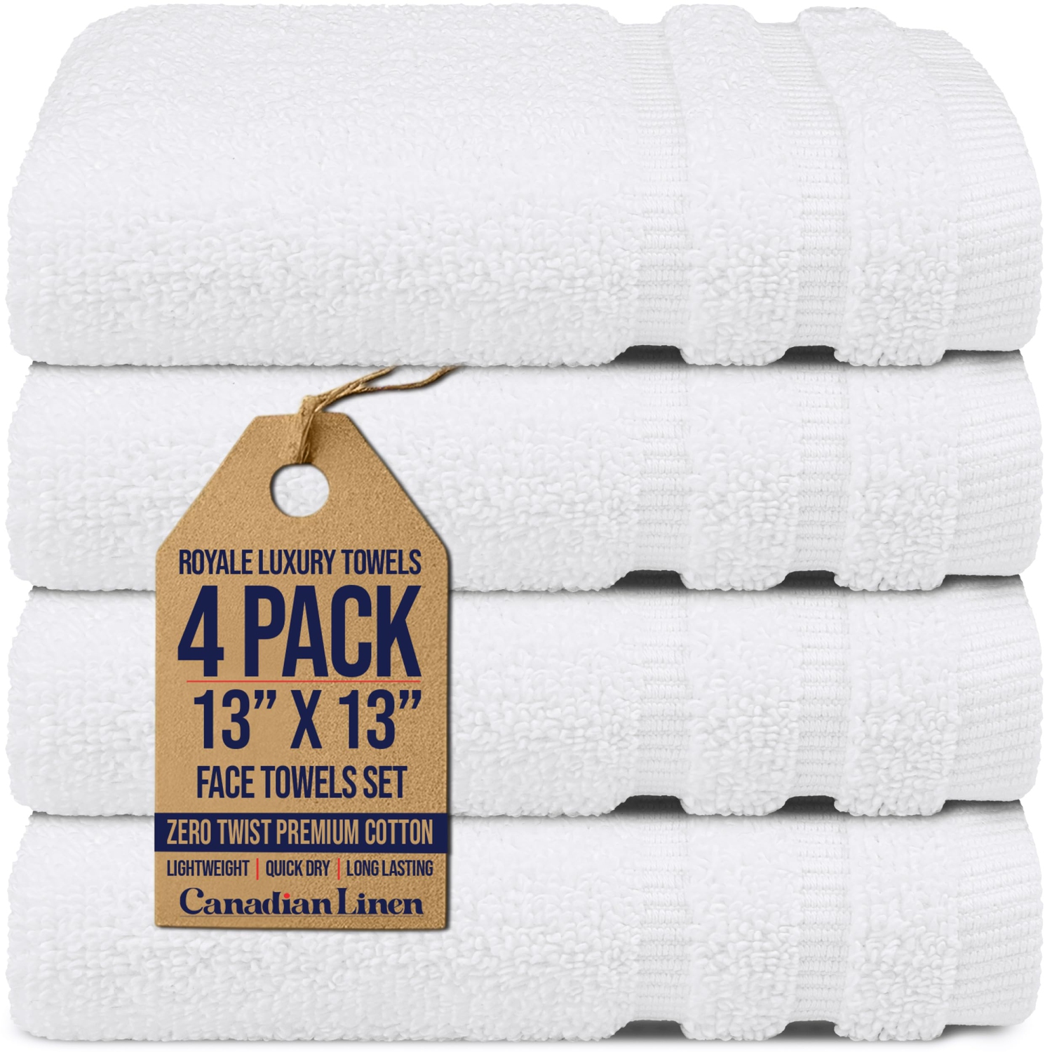 Canadian Linen Royale Face Towels Set, 13"x13", 4 Pack, Soft Absorbent Cotton Lightweight Quick Dry Washcloth for Hotels Hospitals Nursing Home, White