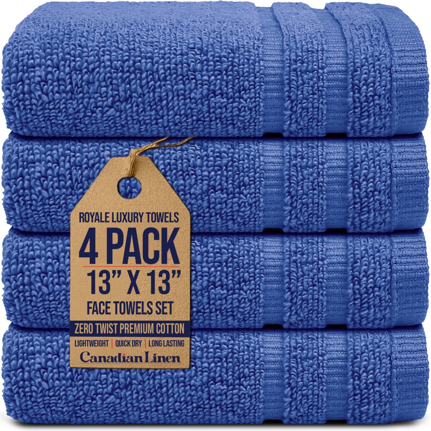 Canadian Linen Royale Face Towels Set, 13"x13", 4 Pack, Lightweight Quick Dry Soft Absorbent Cotton Shower Cloth for Hotel Spa Resorts Salon Gym, Blue