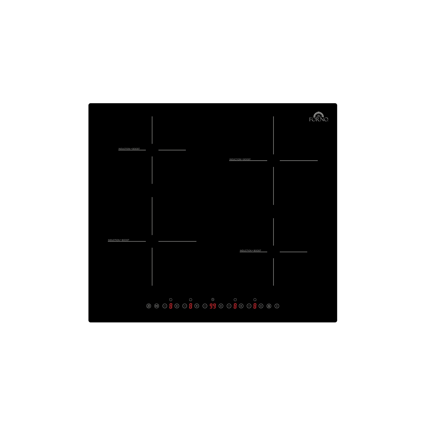 Forno Parco – Surface de cuisson à induction de 24&nbsp;po, 4 zones, puissance totale 7200&nbsp;W, commandes tactiles, 9 niveaux de puissance