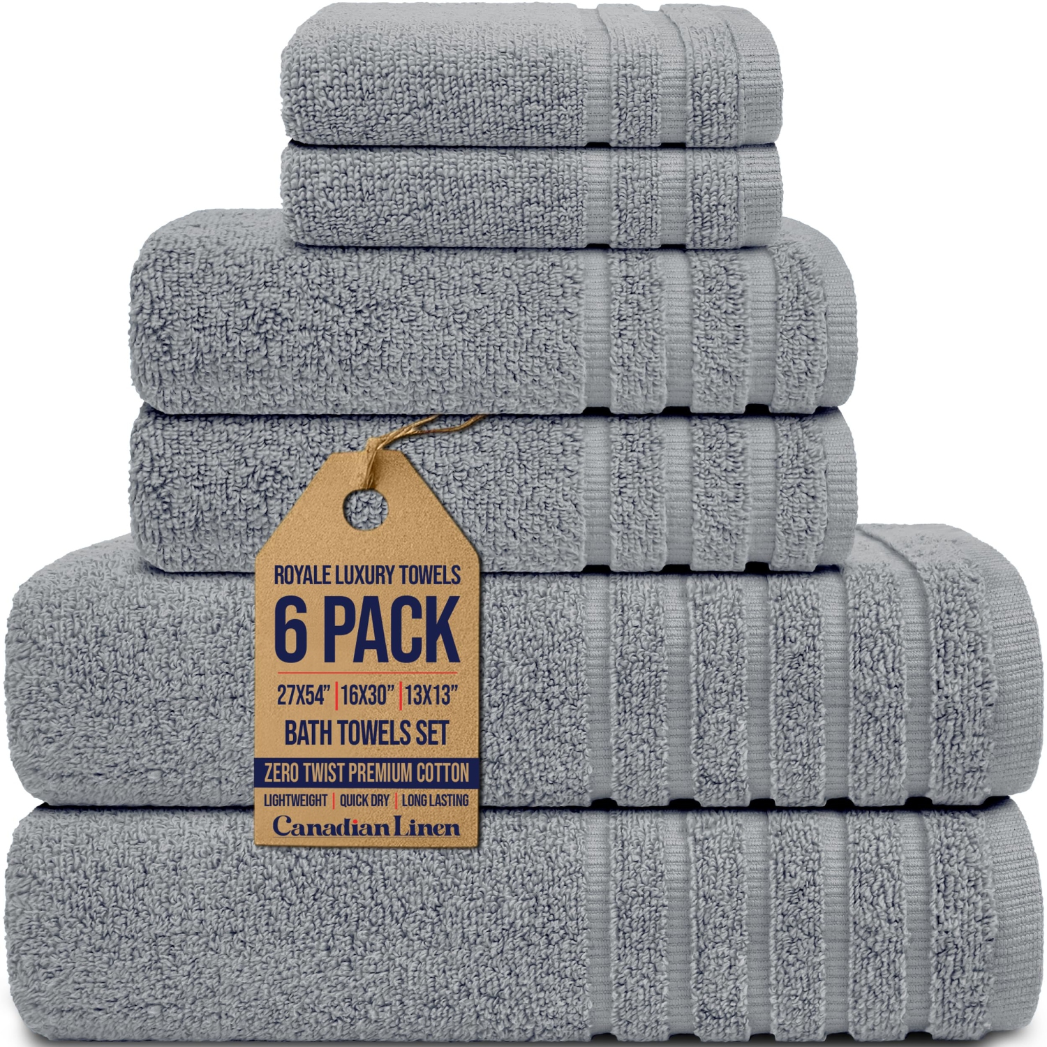 Canadian Linen Royale Towels, Pack of 6, Soft Absorbent Cotton Quick Dry Lightweight Towels for Home Resorts Gym, Light Grey