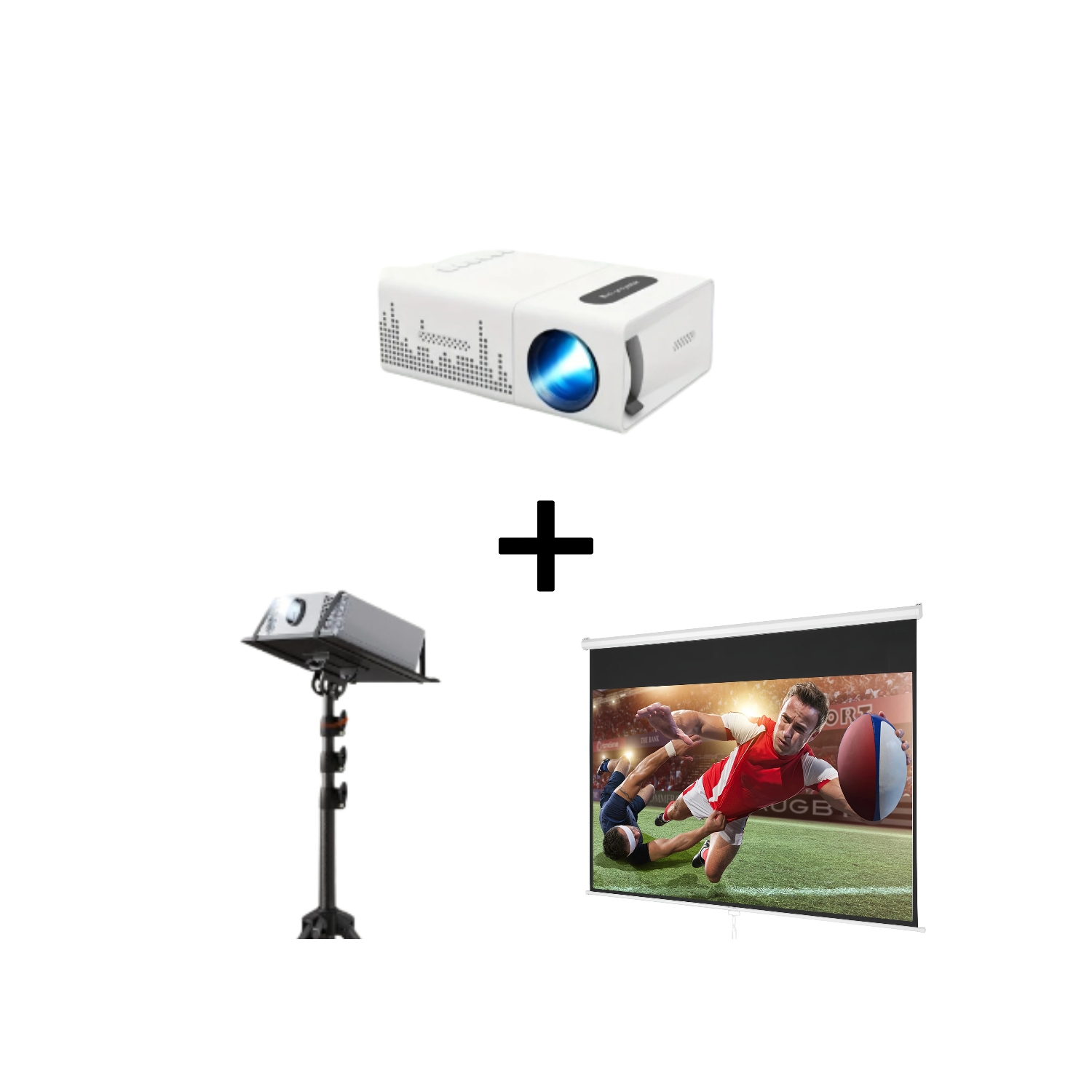 Mini projecteur compact avec télécommande, écran rétractable de 100&nbsp;po et trépied ajustable pour cinéma maison, bureau ou extérieur